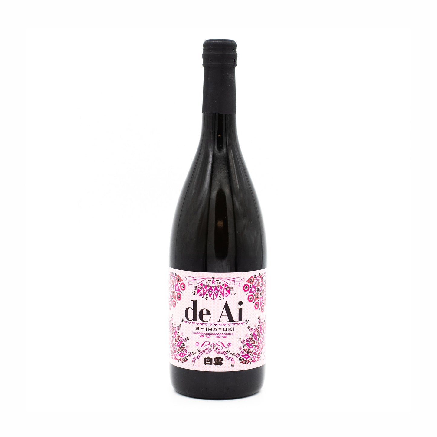 A dark glass bottle of Shirayuki de Ai Sparkling Sake features a black cap and a pink and white floral label, displayed against a white background.
