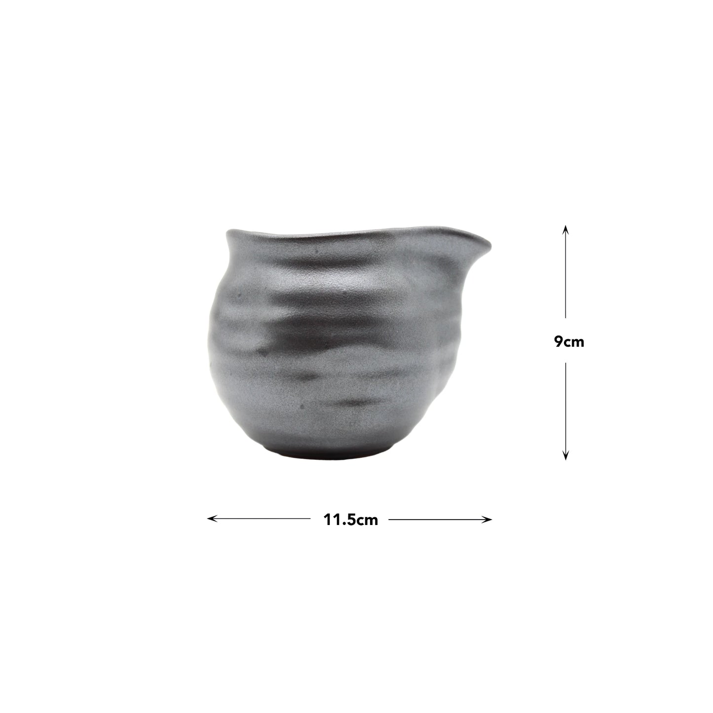 The Soy Sauce Pourer - Silver and Black, crafted from textured Minoyaki porcelain, measures 11.5 cm wide by 9 cm tall and highlights Japanese craftsmanship on a plain white background with measurement arrows.