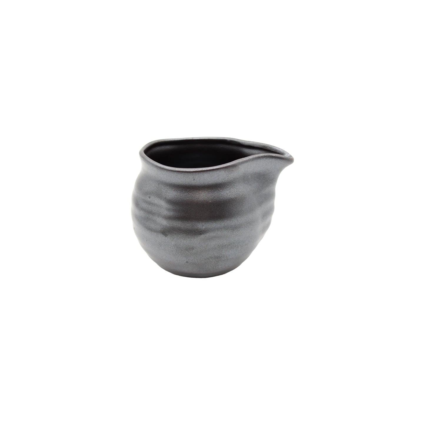 A compact, matte black and silver Soy Sauce Pourer with a rounded, wavy texture and spout, displayed against a white background.