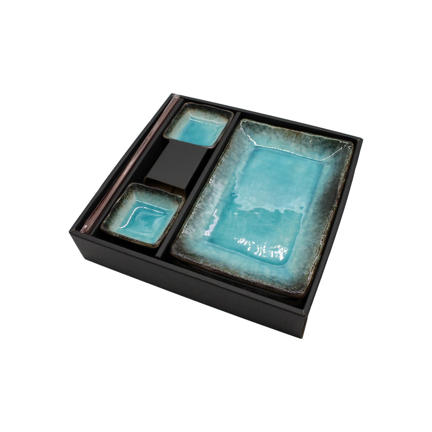 The Boxed Gift Set - Sky Blue 4 piece features turquoise Minoyaki porcelain: a large rectangular plate and two small square bowls from the Takai Kiln sky blue range, all elegantly arranged in a black box.