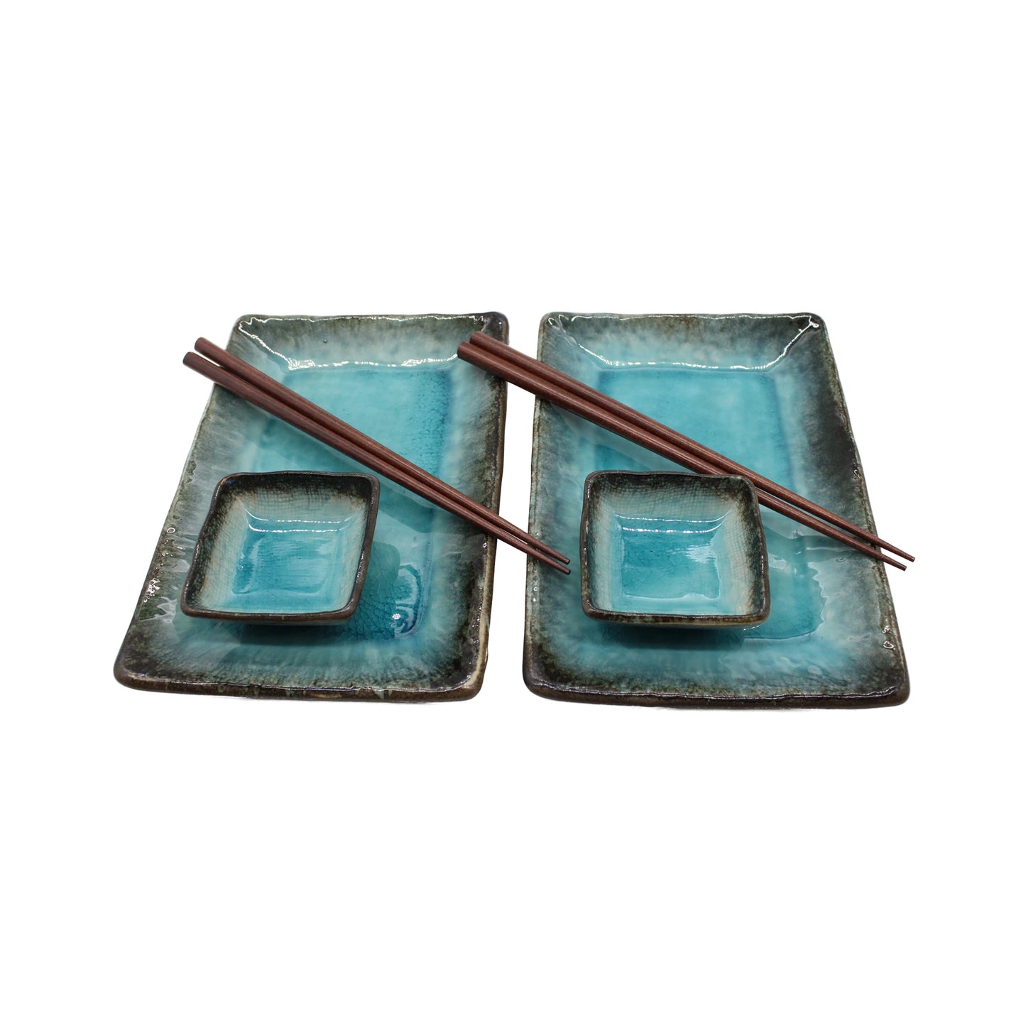 The Boxed Gift Set - Sky Blue 4 piece includes two rectangular Minoyaki porcelain plates, matching square dipping dishes, and pairs of wooden chopsticks in calming sky blue and green tones from the Takai Kiln.