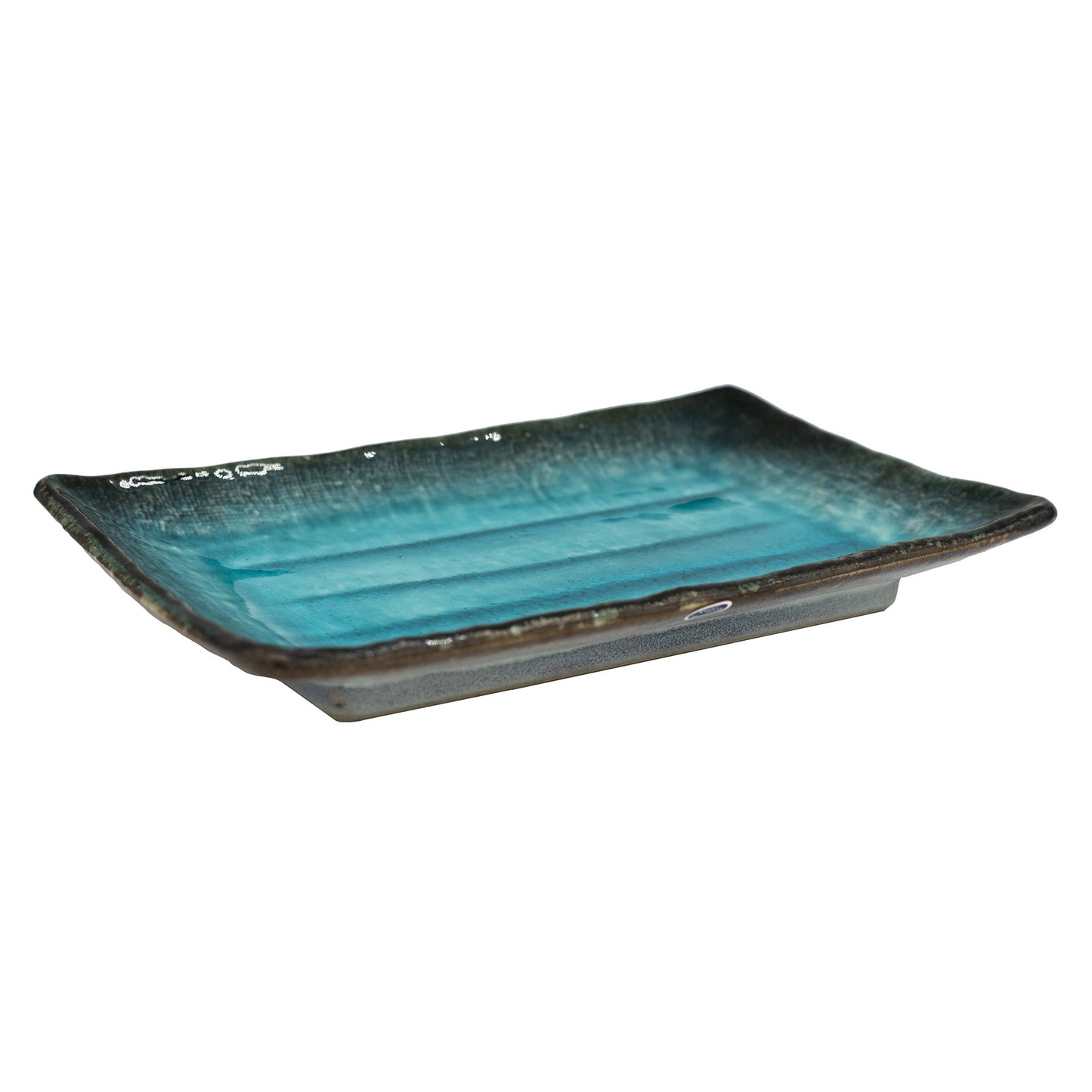 The Sushi Plate Sky Blue is a rectangular Minoyaki porcelain plate with a sky blue and black gradient glaze, slightly raised edges, and exemplifies exquisite Japanese craftsmanship.