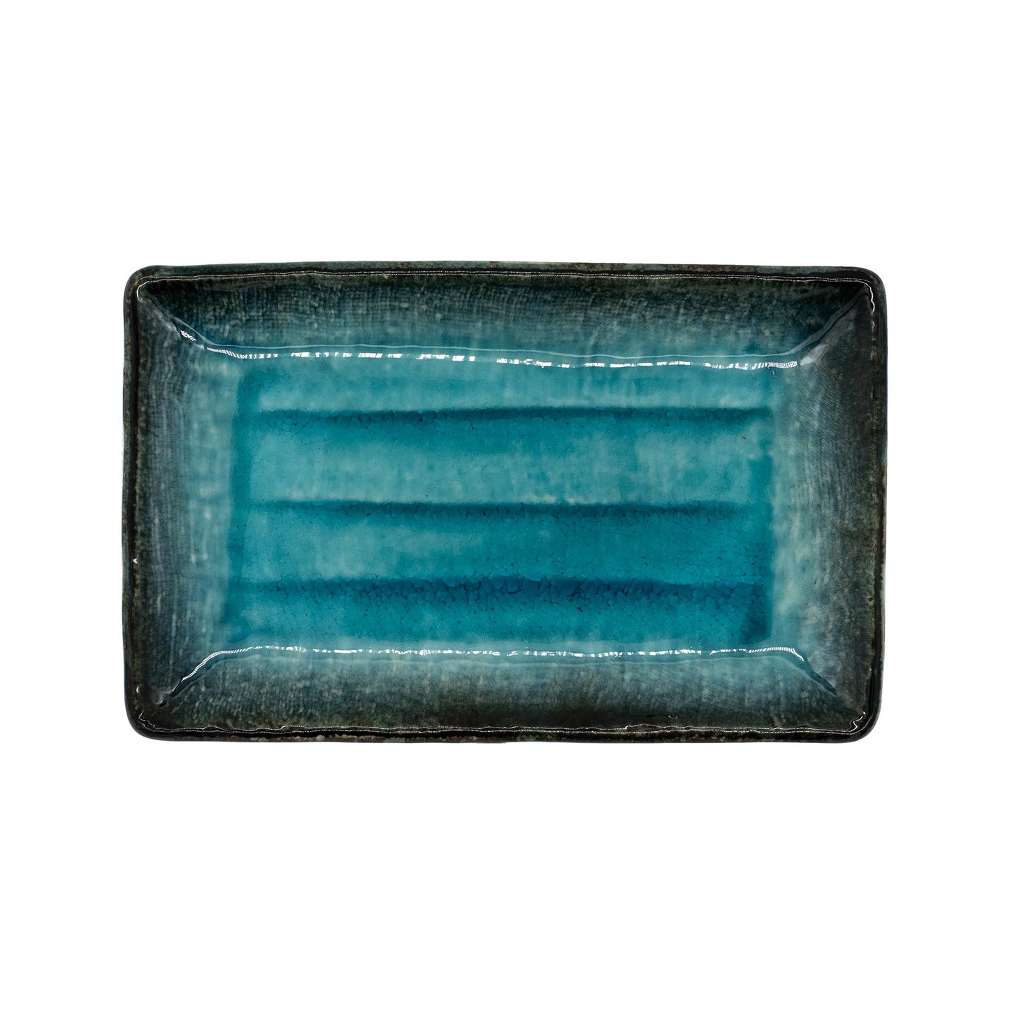 The Sushi Plate Sky Blue is a rectangular Minoyaki porcelain plate with a glossy blue and turquoise gradient glaze, shown from above on a white background.