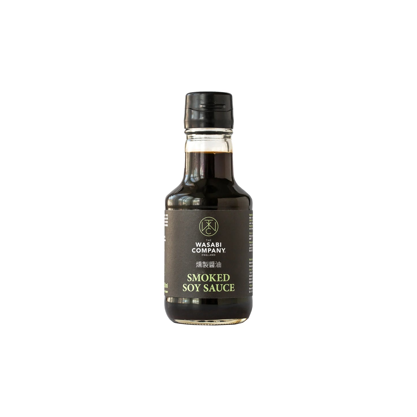 A 150ml bottle of Smoked Soy Sauce with a black cap and label is centered on a white background, providing a rich, smoky flavour thats vegan friendly.