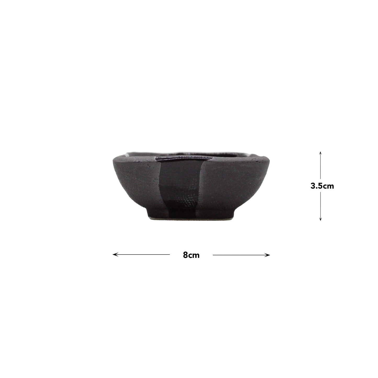 Small Mino Craft Green and Grey soy sauce dish, featuring Japanese wabi-sabi aesthetics; 8 cm diameter, 3.5 cm high, with measurement arrows and labels shown for scale.