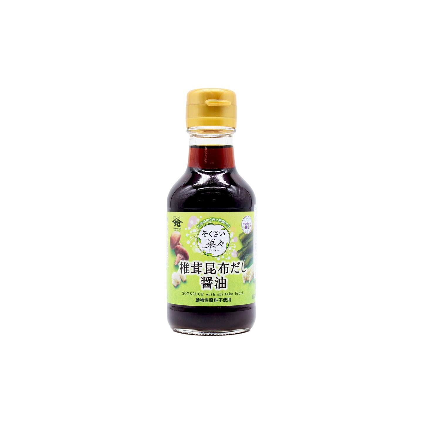 A 150ml bottle of Soy Sauce with Shiitake Mushroom featuring a yellow cap, green label with Japanese text, and images of shiitake mushrooms, soybeans, and seaweed for a rich umami flavor.
