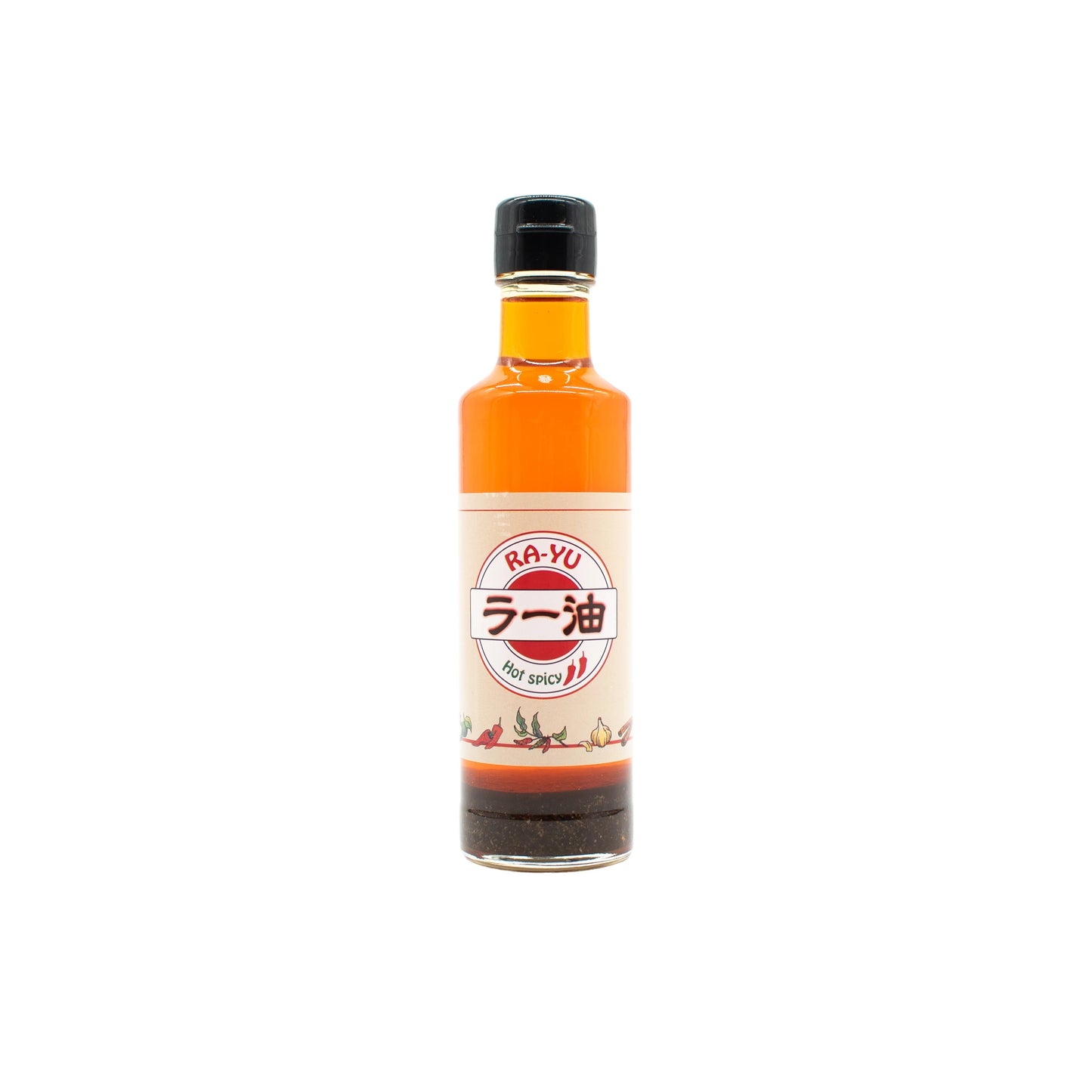 A 200g bottle of Spicy Ra-Yu Pepper Sauce with a black cap and a label showing red chilis and Japanese text. Ideal for adding authentic Japanese chili oil flavor to your dishes.