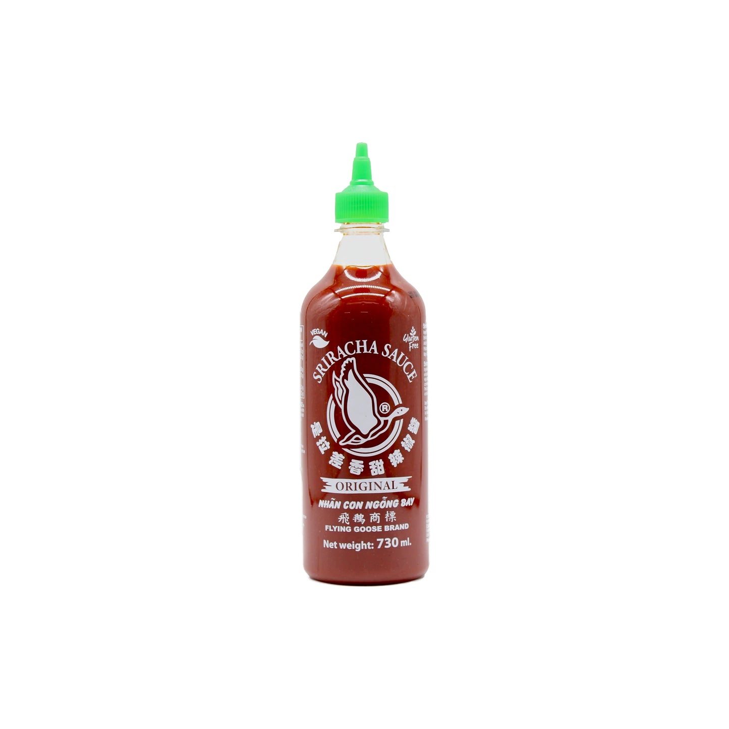A clear plastic 730ml bottle of Sriracha Hot Chilli Sauce by Huy Fong Foods, featuring a green cap, white label with the iconic Rooster logo, and bilingual text in English and Vietnamese.