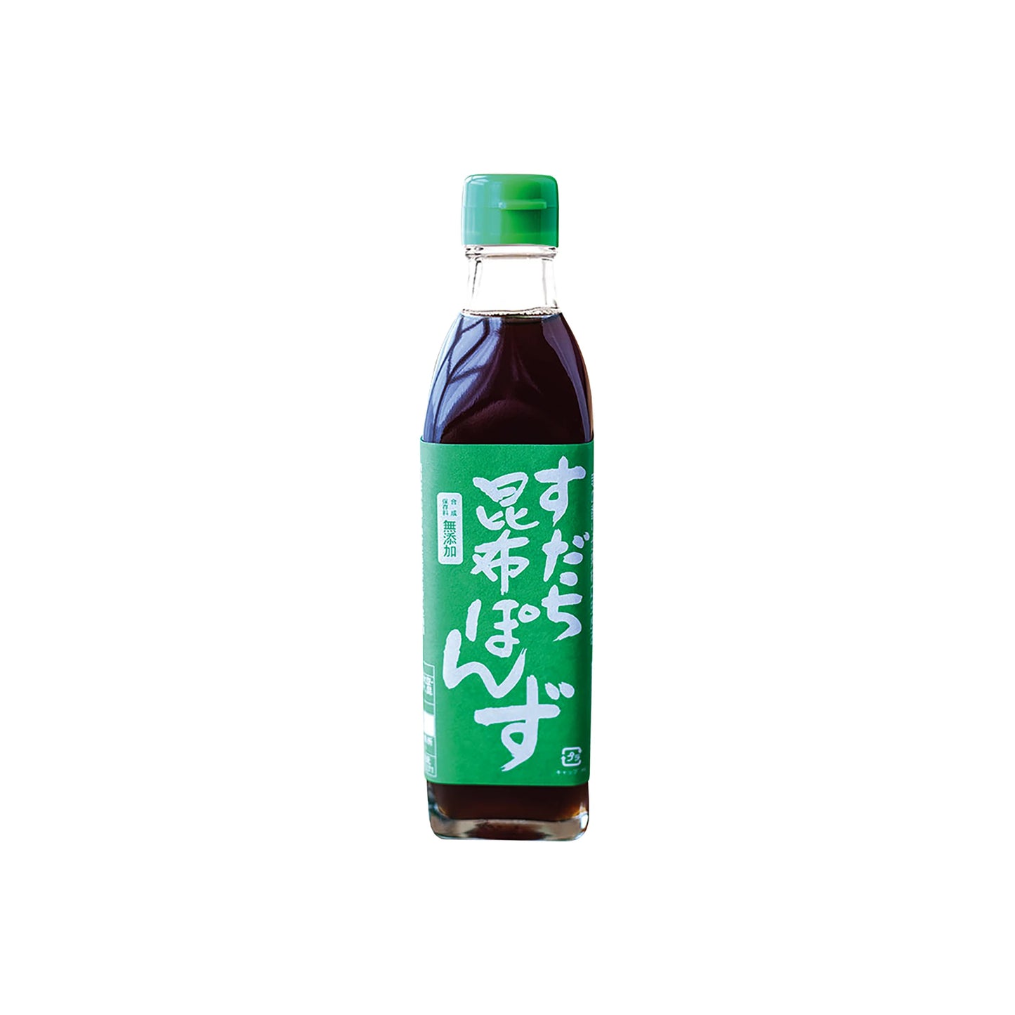 Sudachi Kombu Ponzu Sauce is a vegan ponzu with a green cap and label featuring white Japanese text, made with sudachi juice for a zesty citrus flavor.