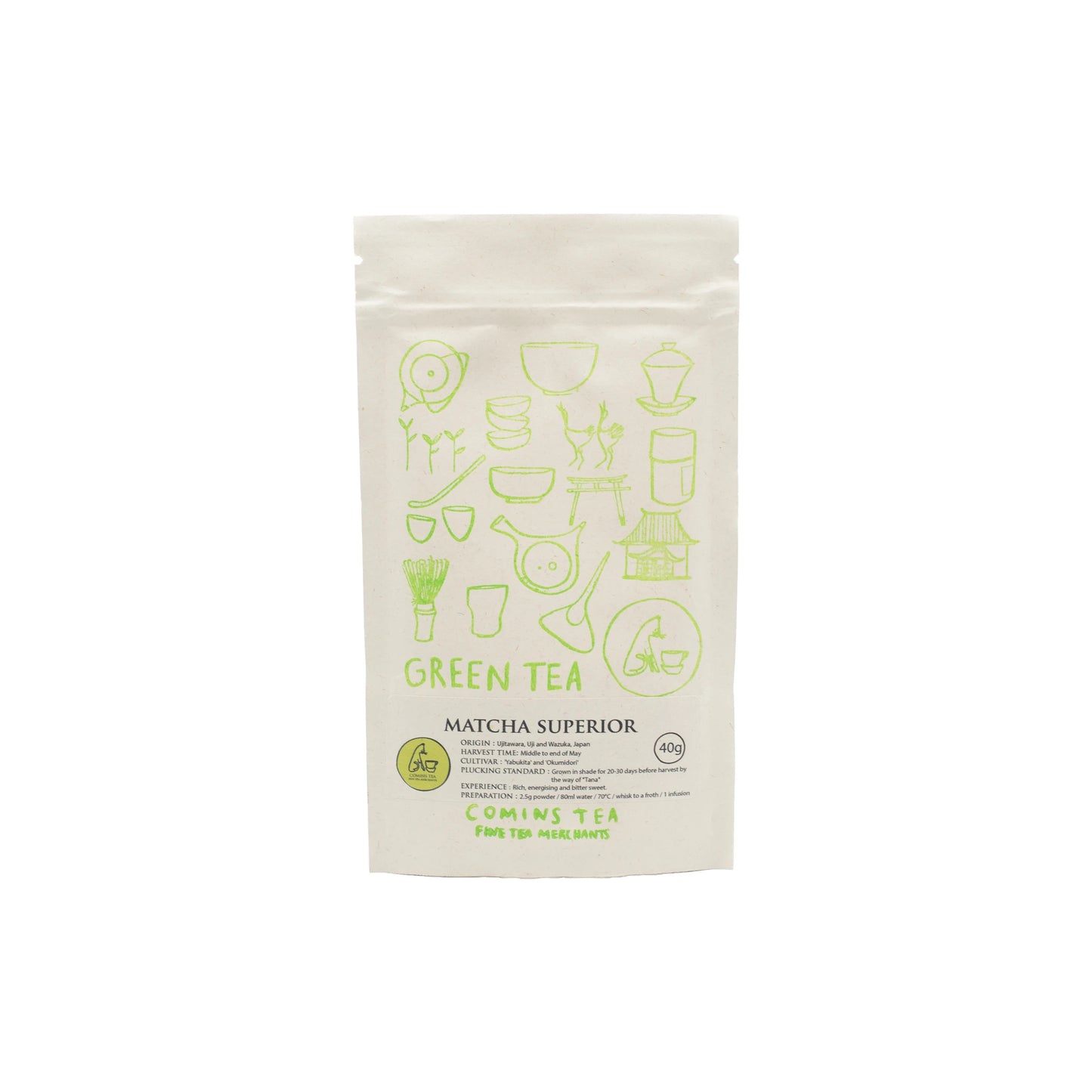 A white pouch labeled Matcha Superior Tea - 40g from Comins Tea, with green tea-themed drawings, contains finely milled and energising matcha green tea.