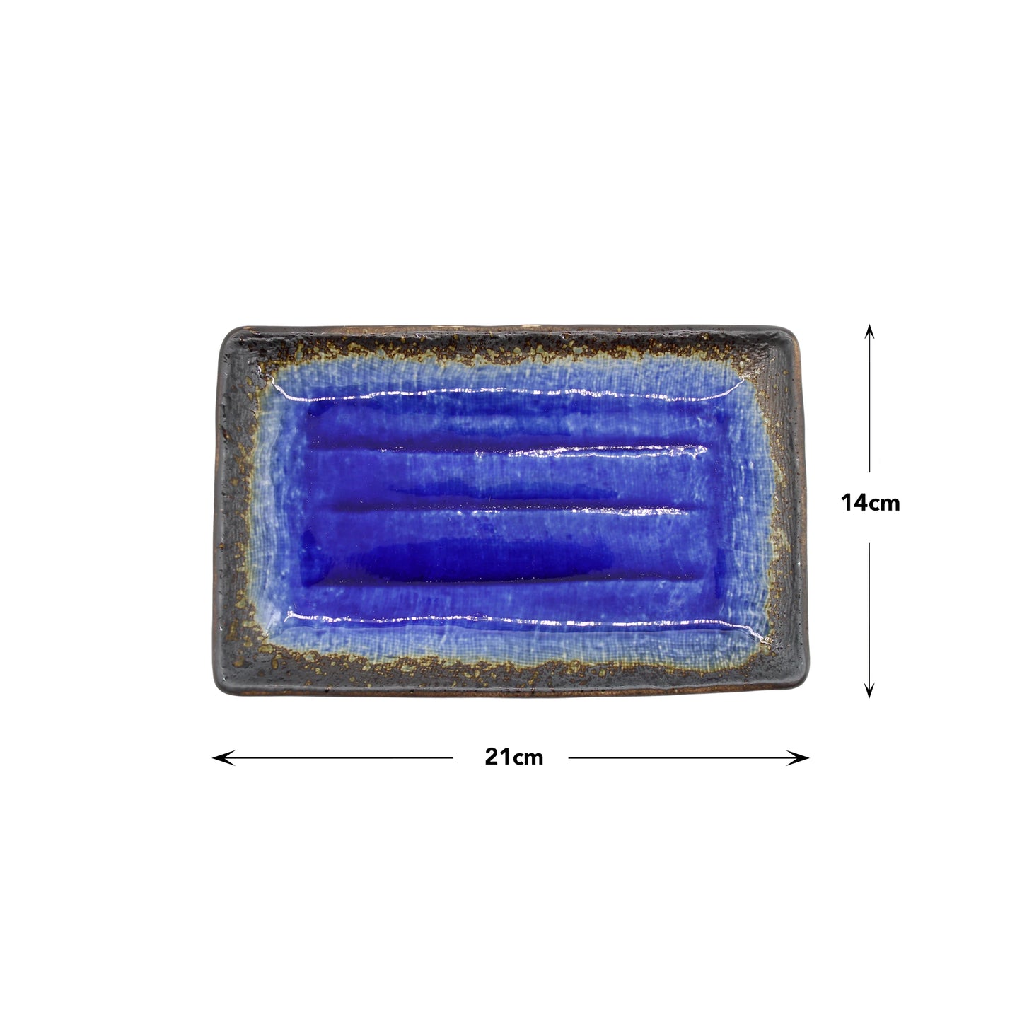 Sushi Plate - Cobalt Blue Rectangular: a 21 x 14 cm Minoyaki porcelain plate with a blue glazed center, shown with measurement arrows—reflecting refined Japanese craftsmanship.