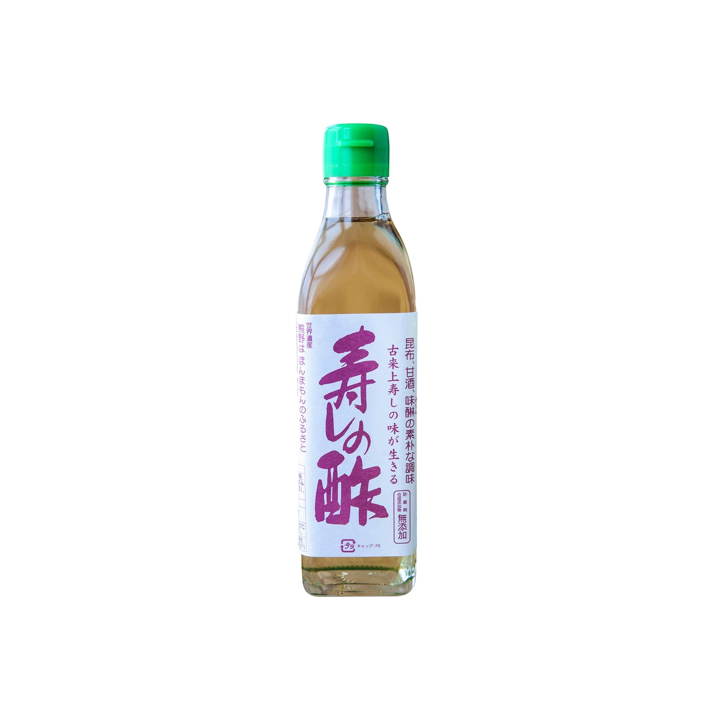 Sushizu Sushi Vinegar comes in a clear glass bottle with a green cap and white label with Japanese text in purple and red. The light brown liquid is made from natural ingredients—perfect for seasoning sushi rice.