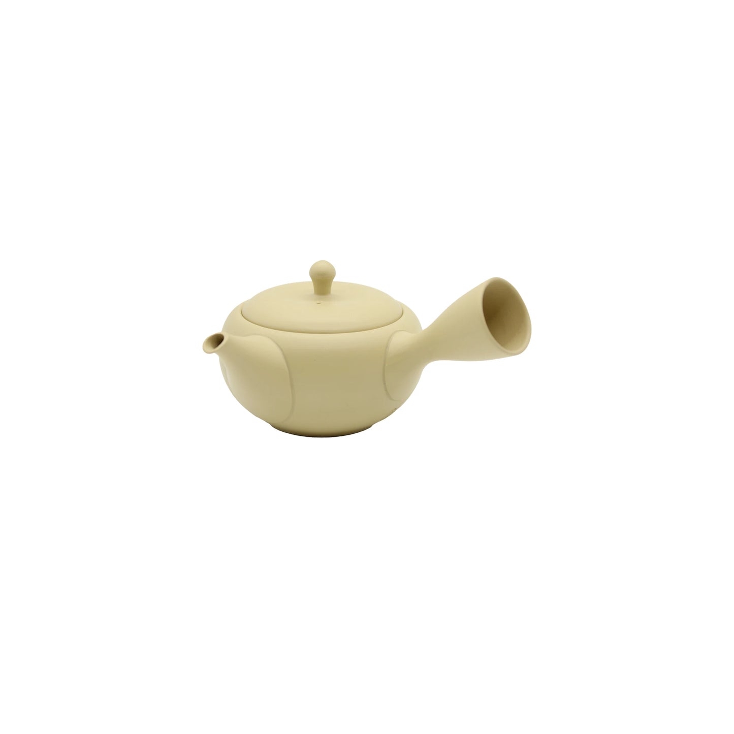 The Takasuke Kikumaru Kyusu Teapot in ivory (260ml & 310ml), featuring a round body, side handle, small spout, and lid in the Isobe Shoten style, is displayed against a white background.