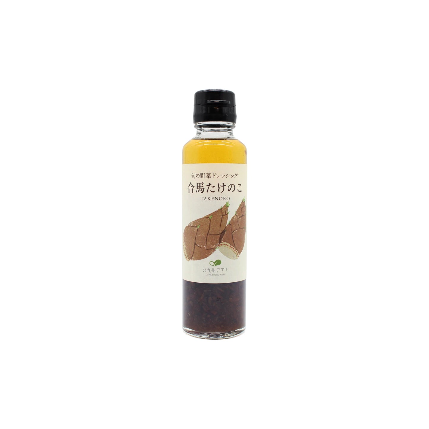 A clear glass bottle with a black cap holds Takenoko Young Bamboo Shoot Dressing (150ml), featuring bamboo shoot art on the label and hinting at savory Fukuoka-inspired flavors.