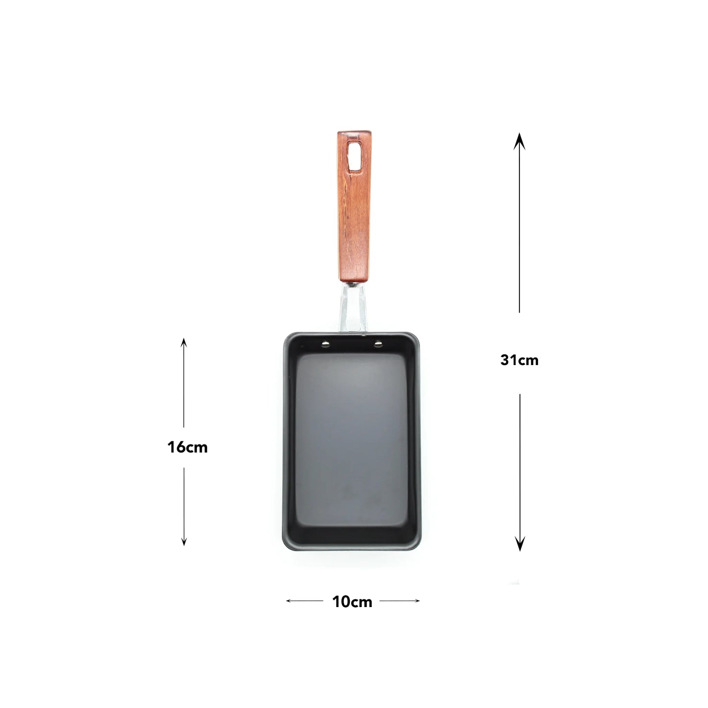 The Tamagoyaki Omelette Pan - 16cm features a rectangular shape, wooden handle, non-stick coating, and is ideal for making Japanese omelettes. Pan size: 16 cm length, 10 cm width, 3.1 cm height.