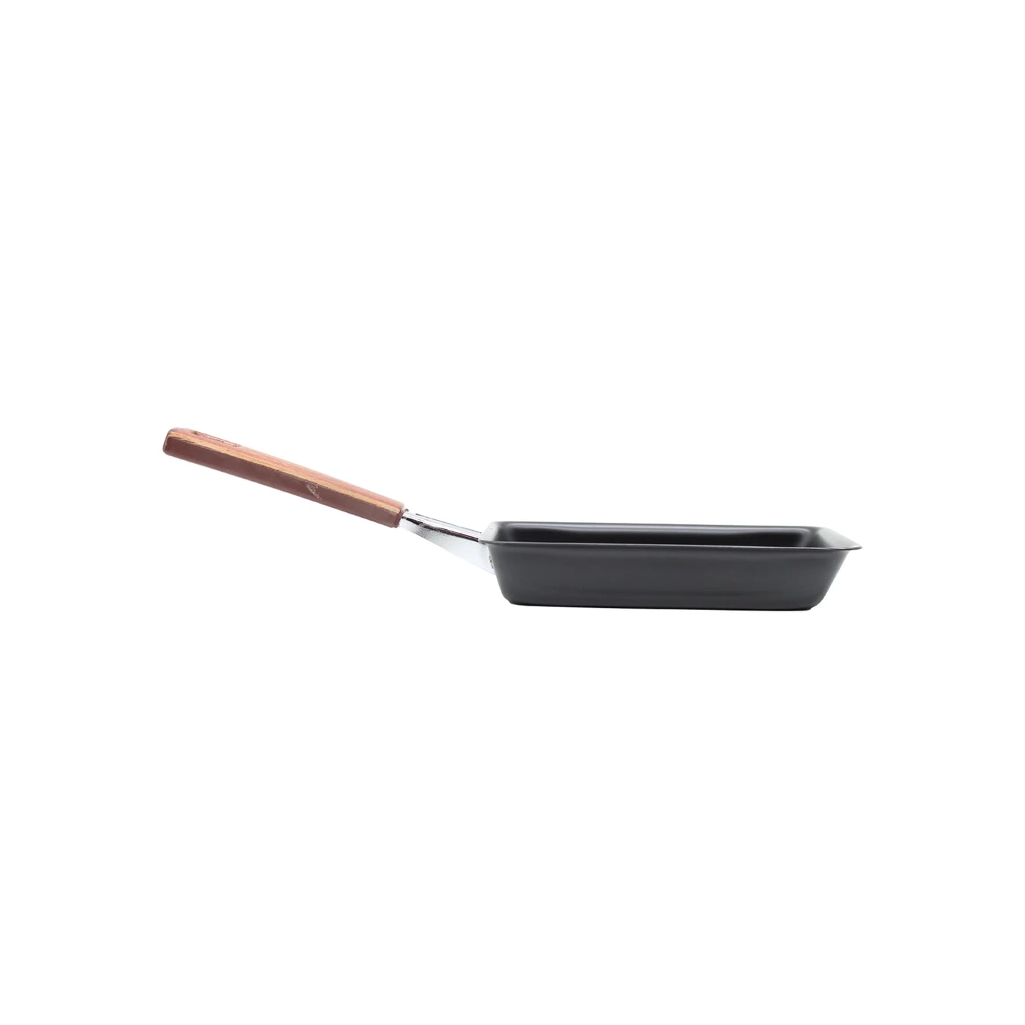 The Tamagoyaki Omelette Pan - 16cm is a rectangular black pan with a wooden handle and non-stick coating, pictured in profile on a white background.