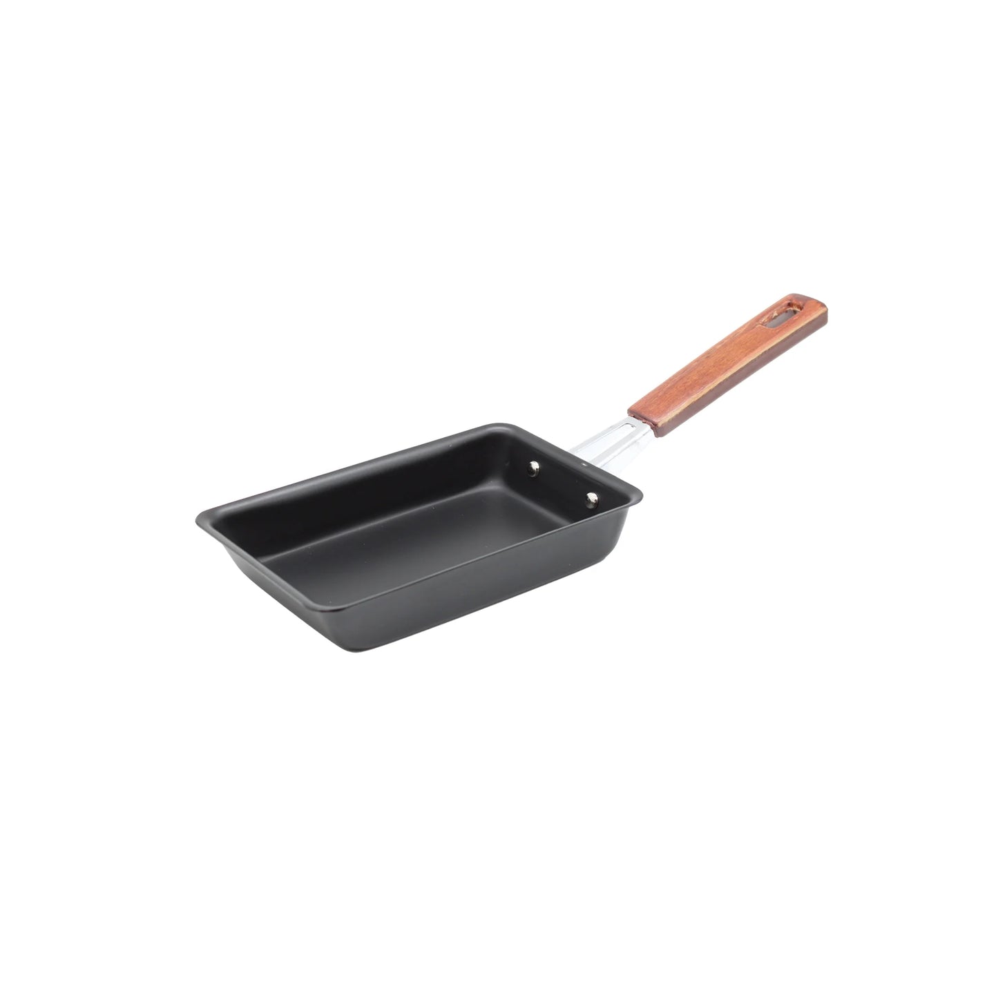 The Tamagoyaki Omelette Pan - 16cm is a rectangular black pan with a wooden handle and non-stick coating, ideal for making Japanese omelettes. Shown isolated on a white background.