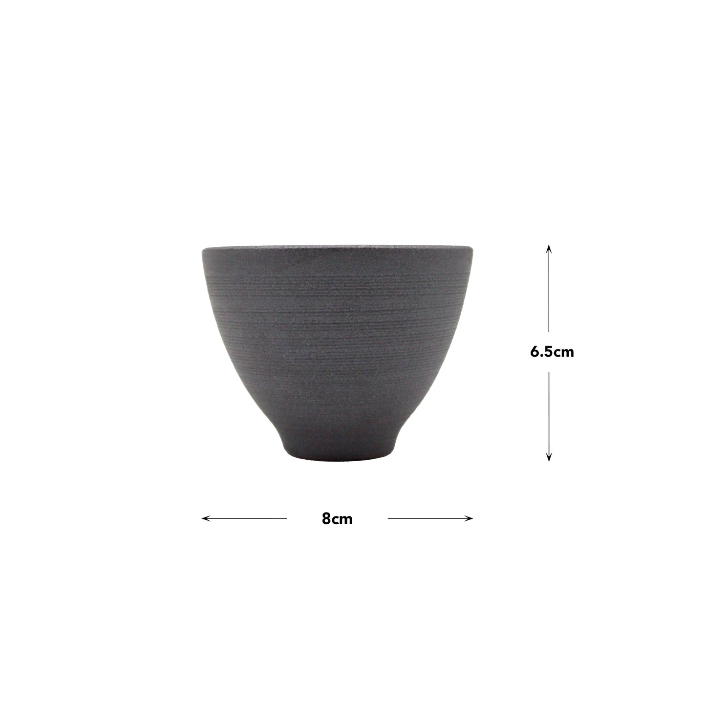 The Tea Cup - Hasamiyaki Kurosendan Black, a dark gray Japanese ceramic piece, measures 8 cm wide by 6.5 cm tall and is displayed on a white background with labeled dimensions.