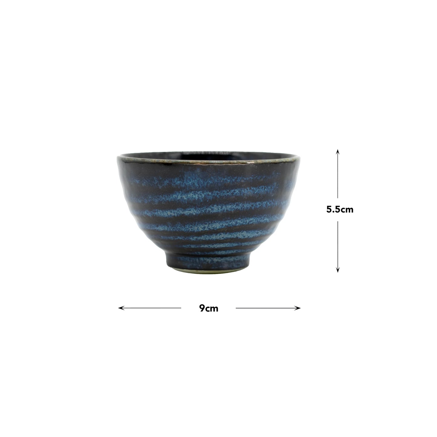 The Tea Cup - Indigo & Blue is a dark indigo ceramic bowl with horizontal stripes, measuring 9 cm diameter by 5.5 cm height, inspired by traditional Japanese tea cups; includes measurement arrows.