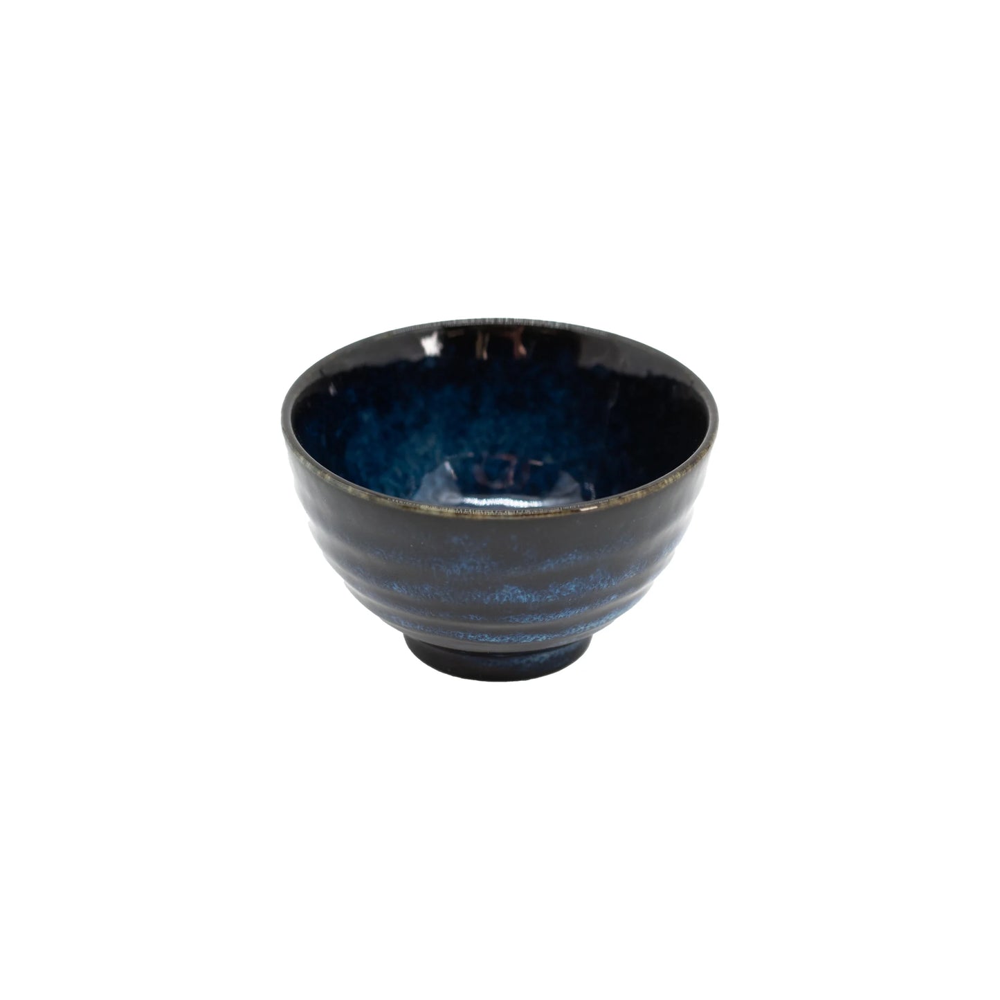 The Tea Cup - Indigo & Blue, made in Japan, showcases a glossy indigo blue interior with a matte blue and black exterior and is displayed on a white background.
