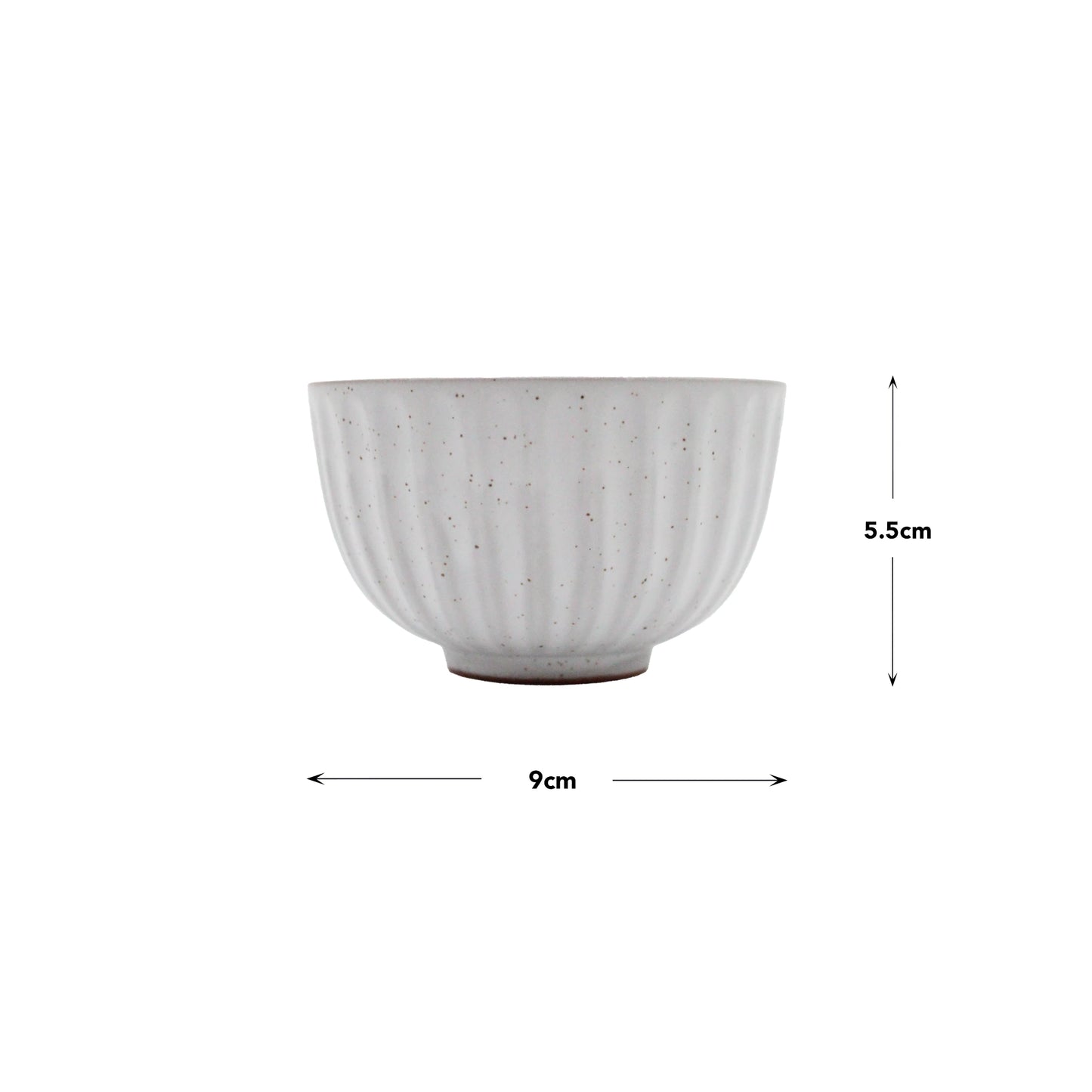 The Tea Cup - Speckled White Ridge, inspired by Japanese ceramics, features a wabi-sabi design with a speckled white finish and measures 9 cm in diameter and 5.5 cm high, pictured on a plain white background.