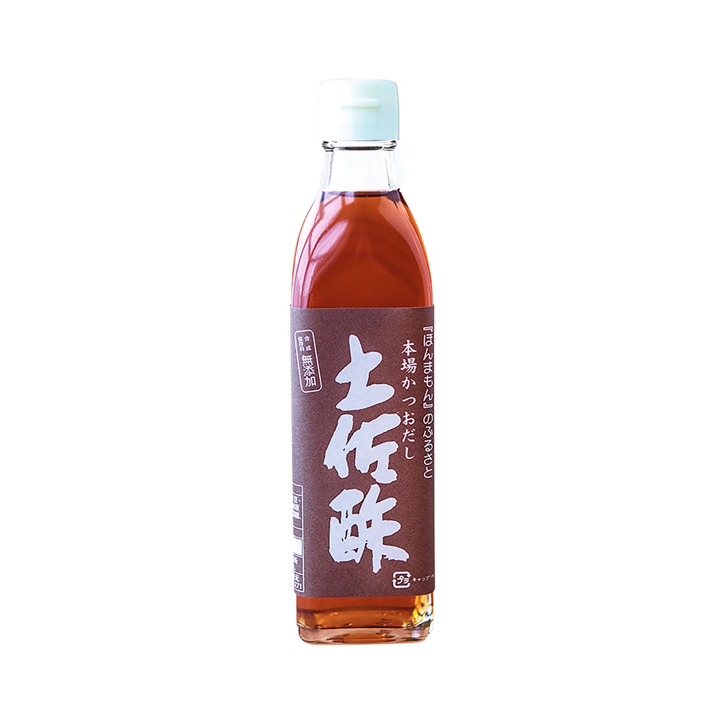 A clear plastic bottle with a white cap and brown label featuring Japanese text contains Tosazu, Dashi Vinegar from Marusho.
