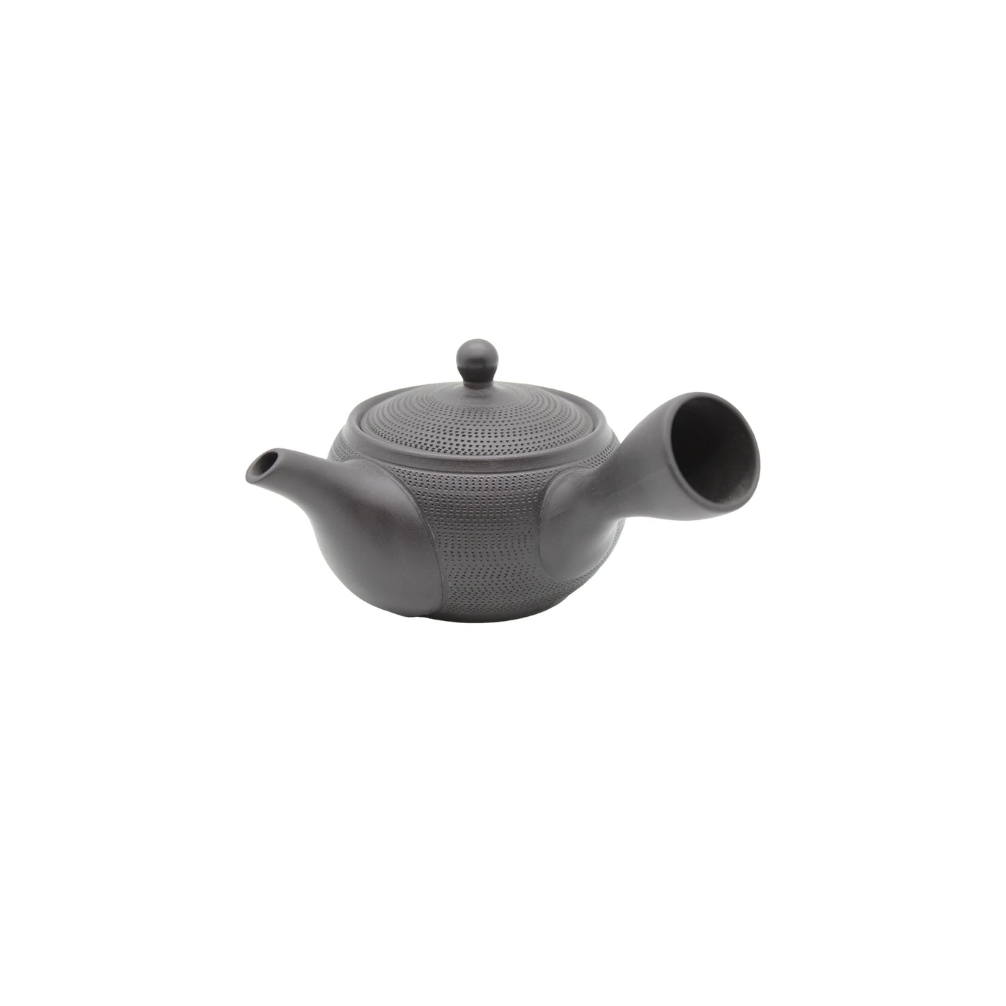 The Tosei Tochiri Kyusu Teapot - Black - 300ml features a textured lid and body, side handle, and short spout, embodying classic Japanese teaware by Isobe Shoten against a white background.