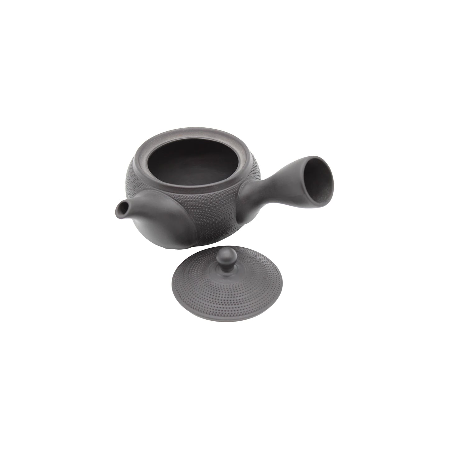 The Tosei Tochiri Kyusu Teapot in black (300ml), with a textured ceramic finish by Isobe Shoten, is shown beside its matching lid on a white background.