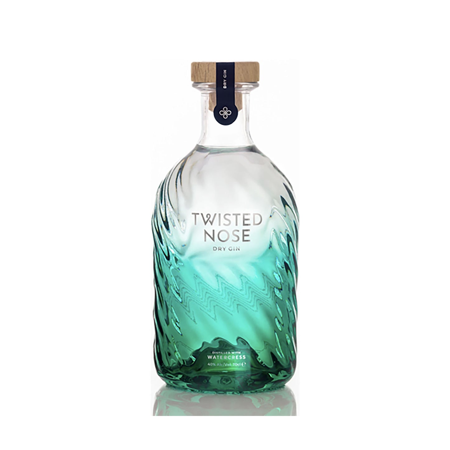 A clear glass 70cl bottle of Watercress Gin from Winchester Distillery, featuring a wooden cap and a green-tinted, textured spiral design that highlights this craft gin’s unique character.
