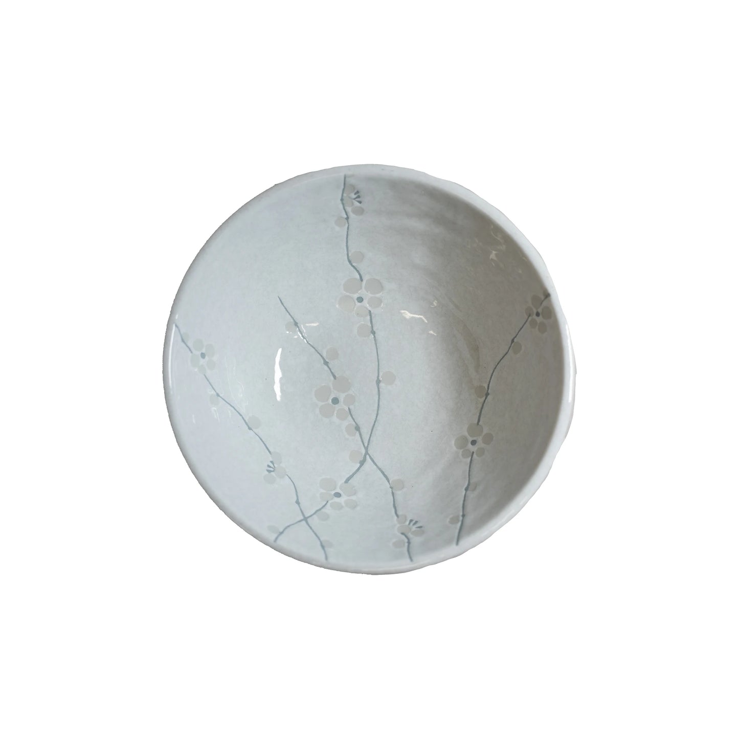 The Udon Bowl - White Cherry Blossom is crafted from Minoyaki porcelain and displays a subtle cherry blossom and branch pattern on the inner surface, shown from above against a plain white background.
