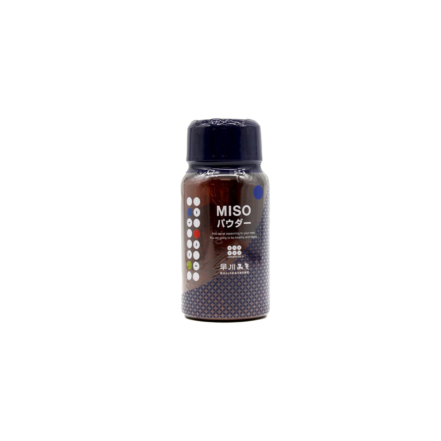 A 70g bottle of Umami-so Miso Seasoning with Sesame, featuring a dark cap and patterned label—ideal as a natural umami seasoning or paired with Umami-so Sesame for enhanced flavor.