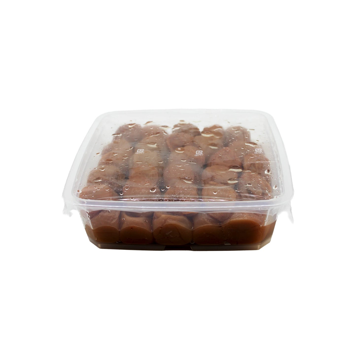 A clear plastic container with a lid, filled with Umeboshi Plum - 1kg, showcases the traditional Japanese pickled plums against a white background.