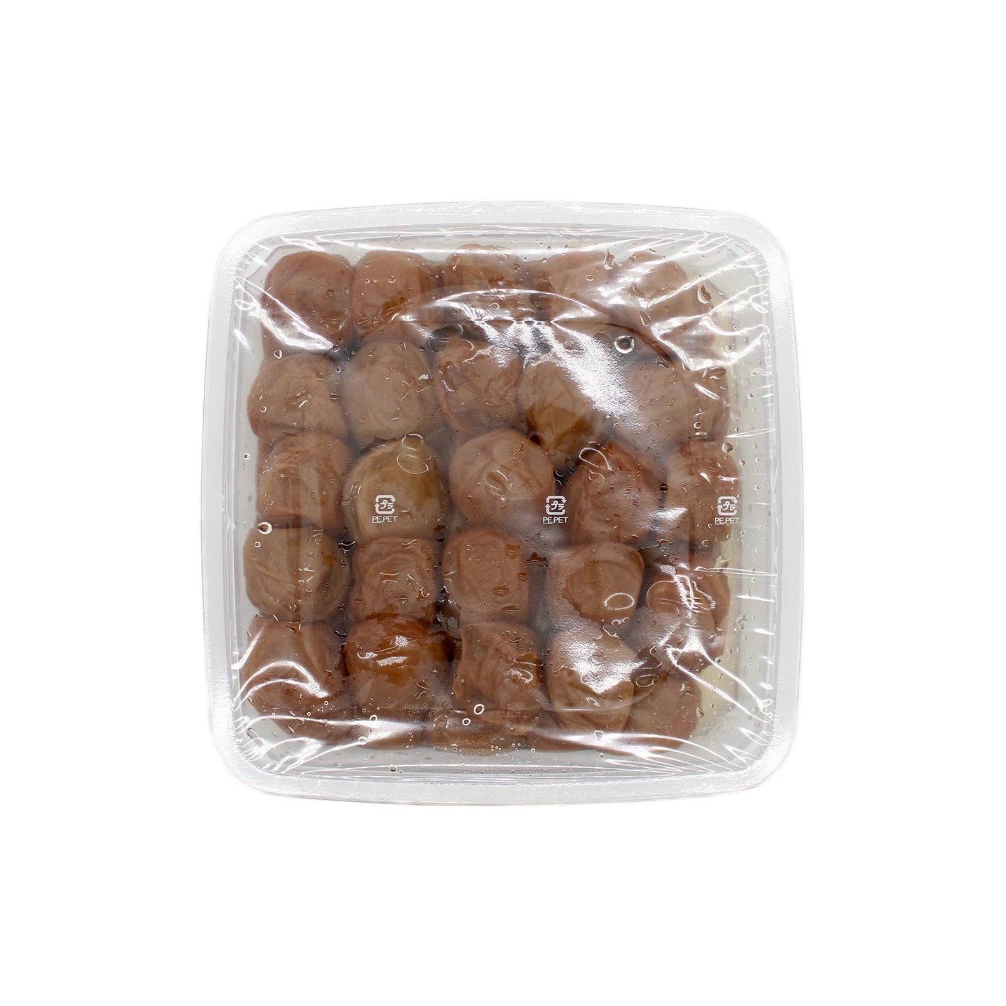 A sealed plastic container of Umeboshi Plum - 1kg, filled with brown pickled plums known for their umami flavor, viewed from above against a white background.