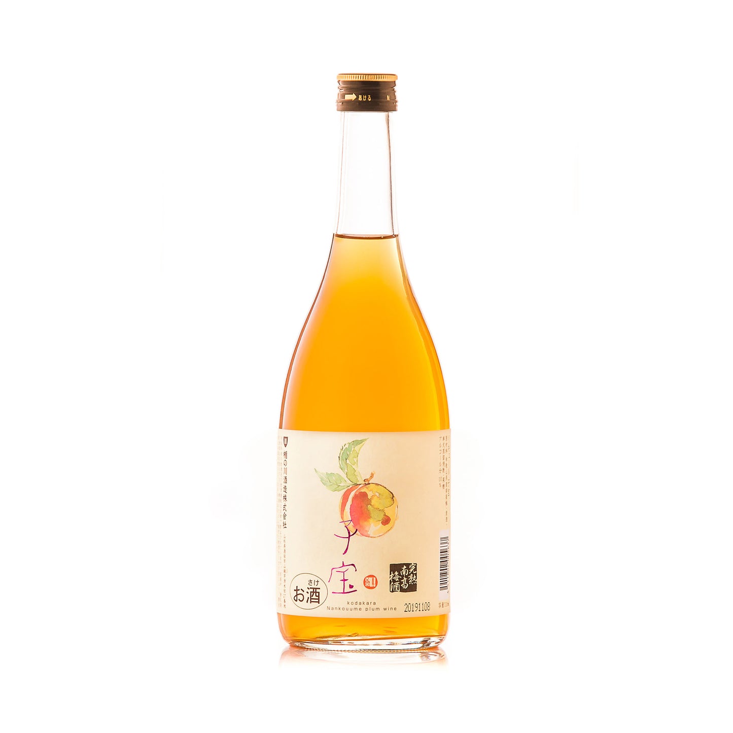 A clear glass bottle filled with amber liquid, Umeshu Plum Sake (720ml) features a label with a peach illustration and Japanese text—making it a delicate option for a Japanese aperitif.