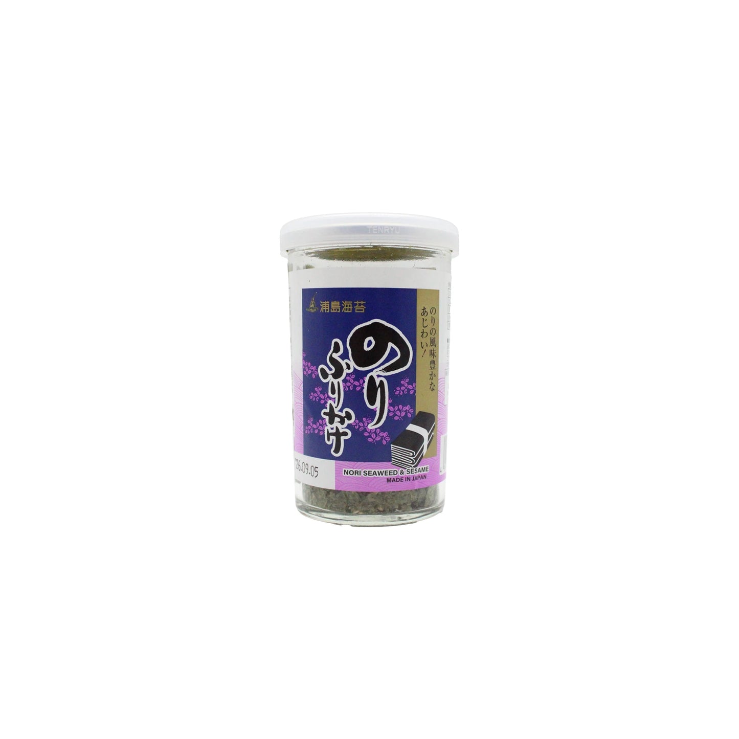 Urashima Nori Seaweed Furikake - 50g comes in a clear plastic jar with a purple label featuring Japanese text and seaweed art—perfect for adding authentic Japanese flavor to your dishes.