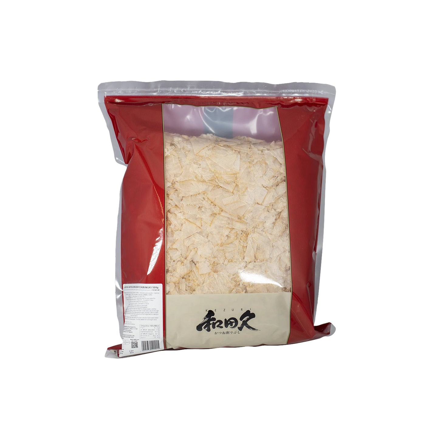 Wadakyu Katsuobushi Premium Bonito Flakes (500g) come in a sealed bag with red and beige packaging, Japanese text on the label, visible flakes inside—ideal for adding umami to dashi.