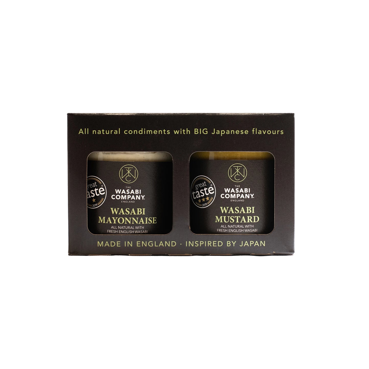 The Wasabi Mayonnaise & Wasabi Mustard Twin Pack features two natural condiments in a sleek black box with gold and white text, crafted with natural ingredients and inspired by Japanese flavors.