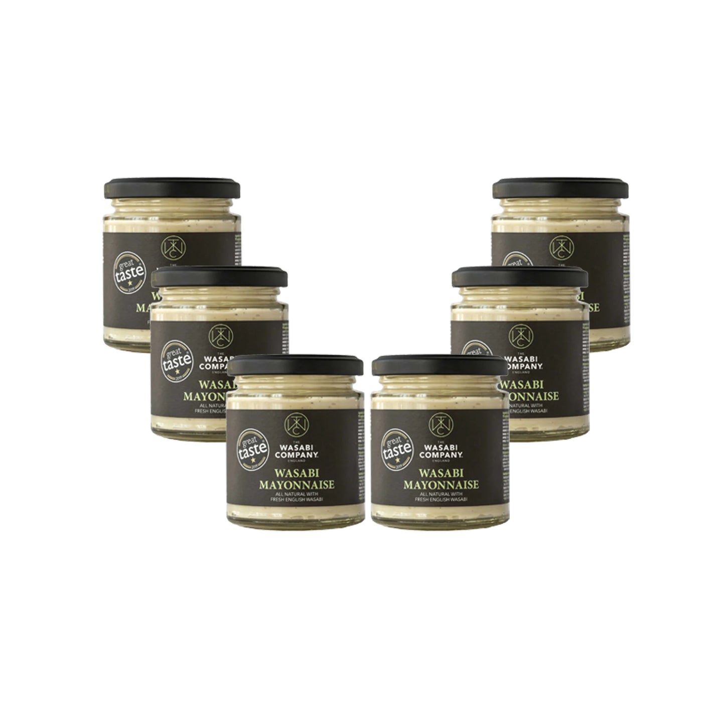 Six jars of Wasabi Mayonnaise - 175g are arranged in a V-shape on a white background. Each jar has a black label and matching black lid, highlighting its blend of English wasabi and all natural mayonnaise.