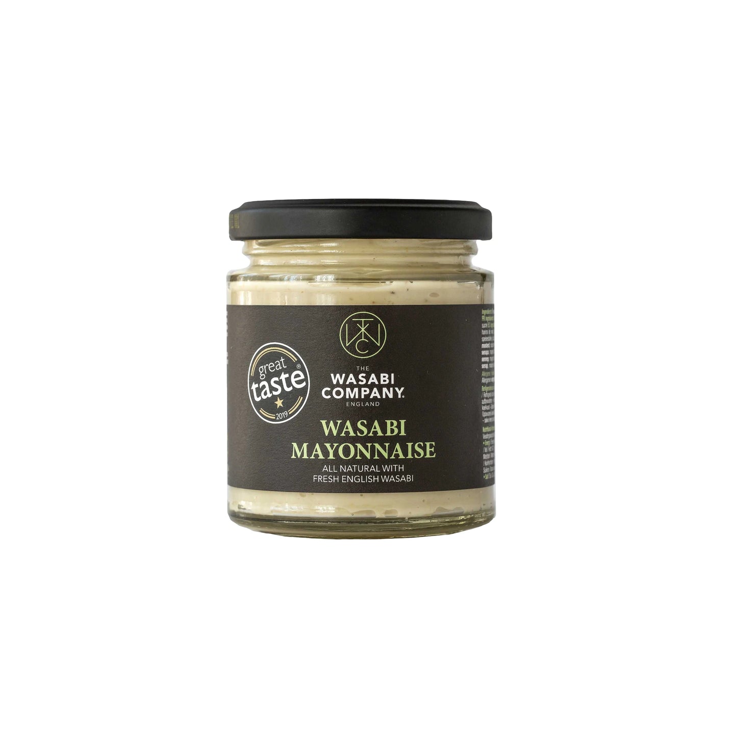 A 175g glass jar of Wasabi Mayonnaise from The Wasabi Company, with a black lid and label, featuring a Great Taste award sticker.