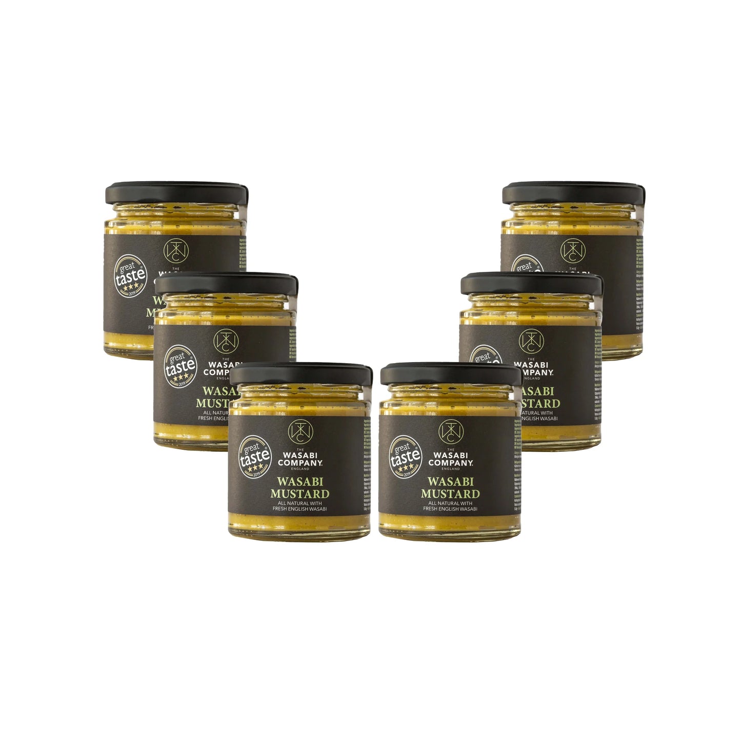 Six jars of Wasabi Mustard - 175g, made with all natural ingredients and fresh English wasabi, are arranged in a V shape on a white background. Each jar has a black label with white and gold text and a matching black lid.