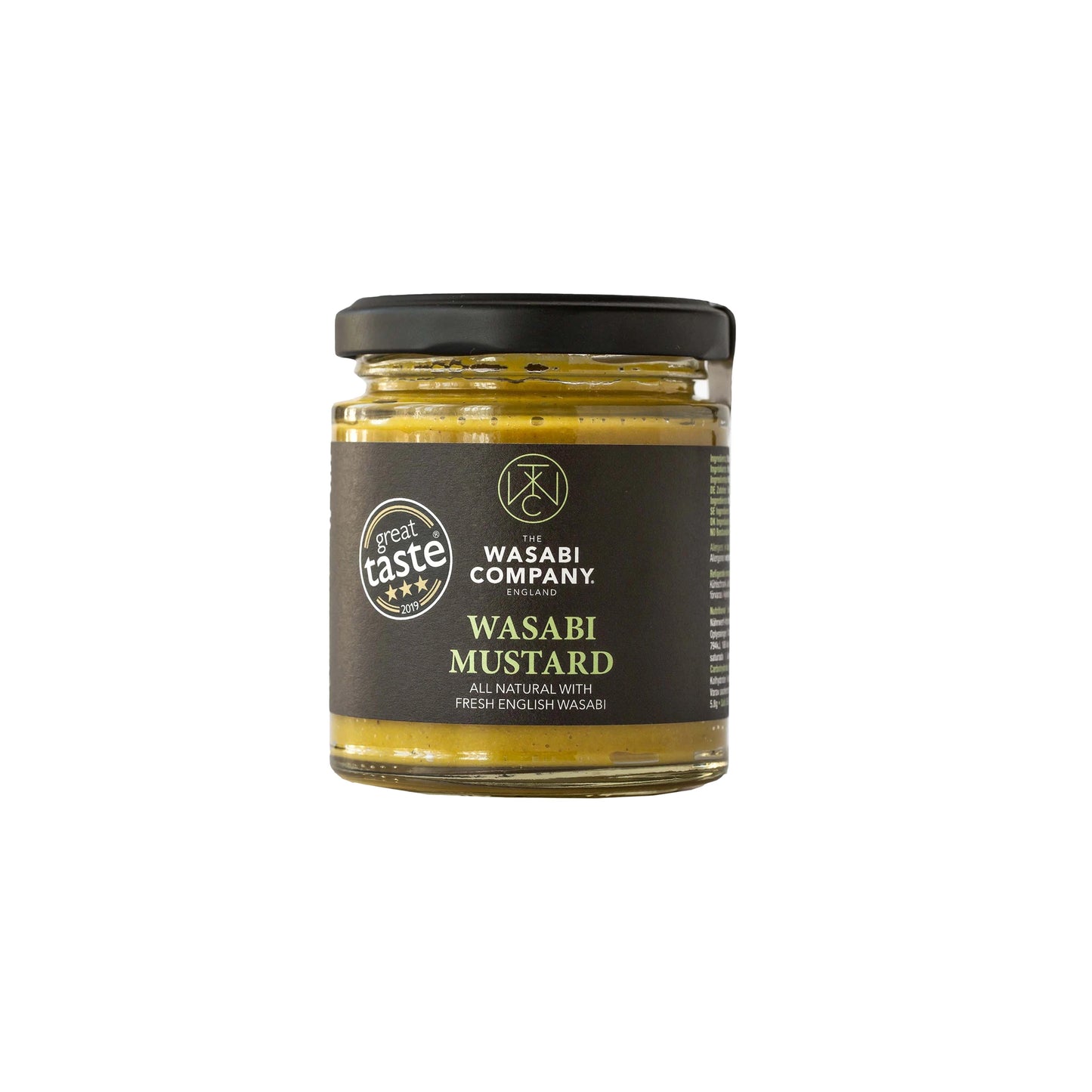 A 175g glass jar of Wasabi Mustard with a black lid and label features green and white text, a Great Taste badge, and showcases the blend of yellow mustard with fresh English wasabi.