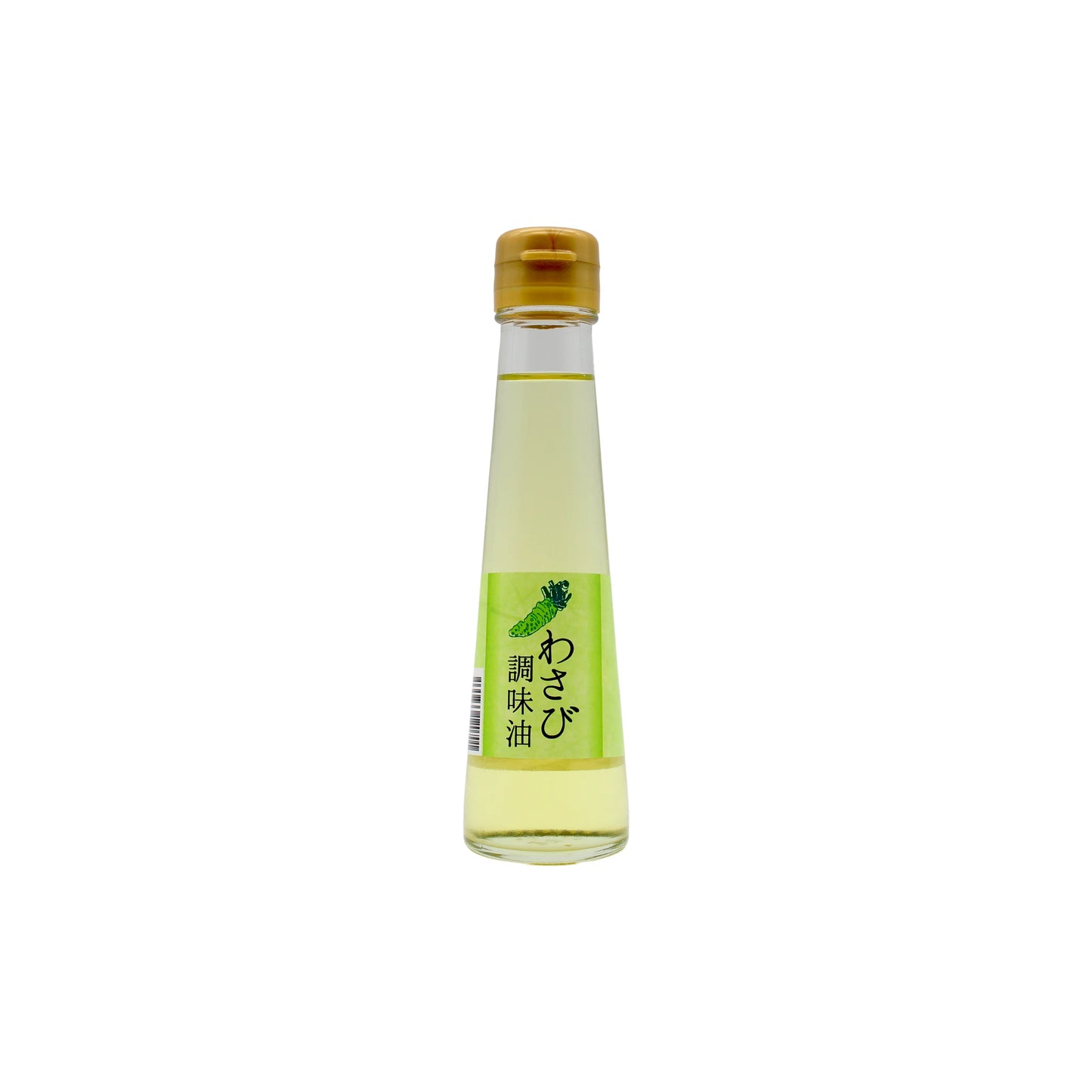 Wasabi Oil 100ml: A clear glass bottle with a yellow cap and vibrant green-yellow Japanese label, offering premium wasabi oil with a unique flavour for adventurous palates.