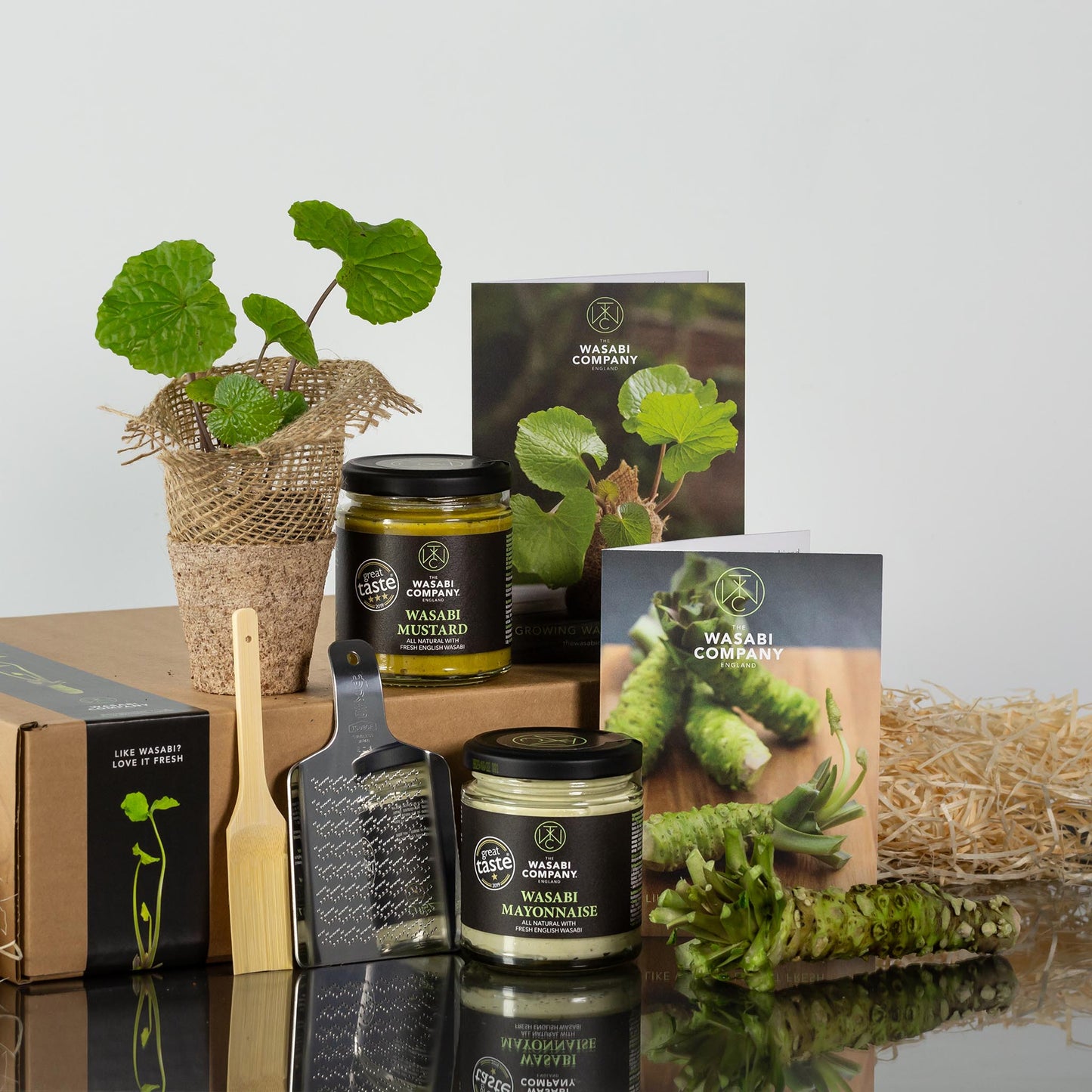 The Fresh Wasabi Starter Kit, Plant & Condiment Set includes fresh wasabi, wasabi mustard and mayonnaise, a potted plant, grater, wooden spoon, and booklets—all beautifully arranged in a gift box with straw.