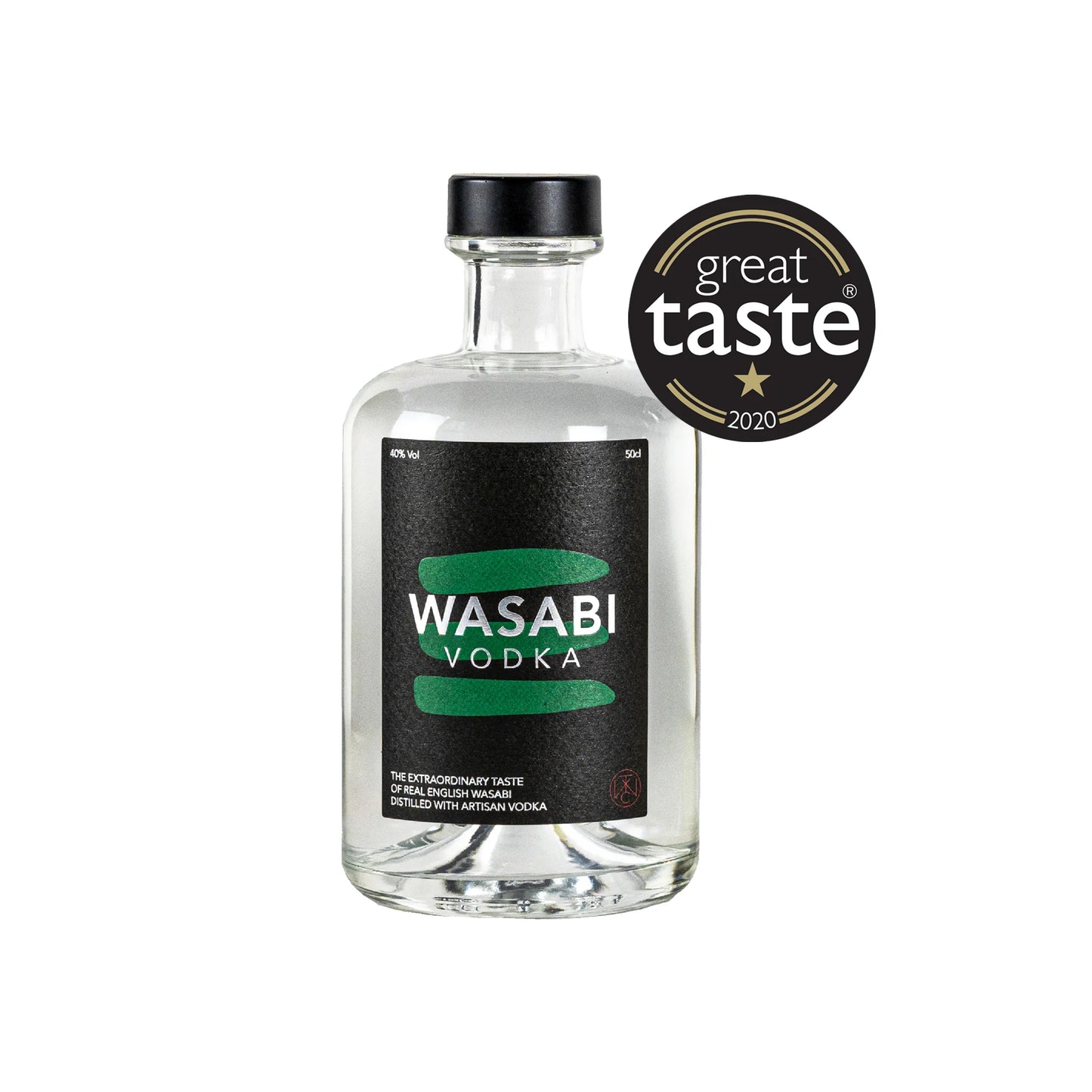 A 50cl clear glass bottle of Wasabi Vodka, featuring a black and green label with a Great Taste 2020 award badge on the shoulder.