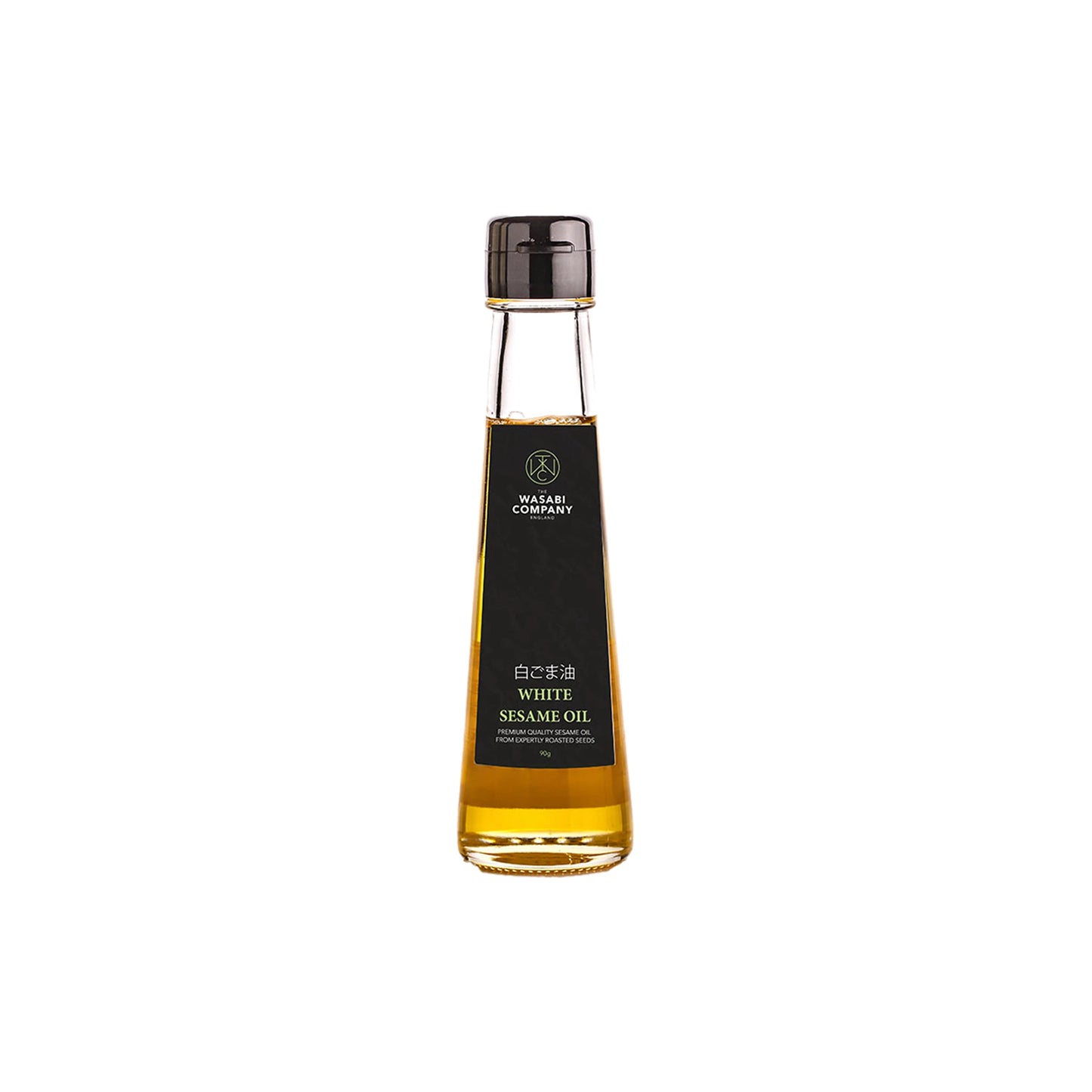 A 90g glass bottle of White Sesame Oil made from roasted seeds, featuring a dark label and black cap, is set against a plain white background—ideal for drizzling over sashimi or enhancing the flavor of your favorite dishes.