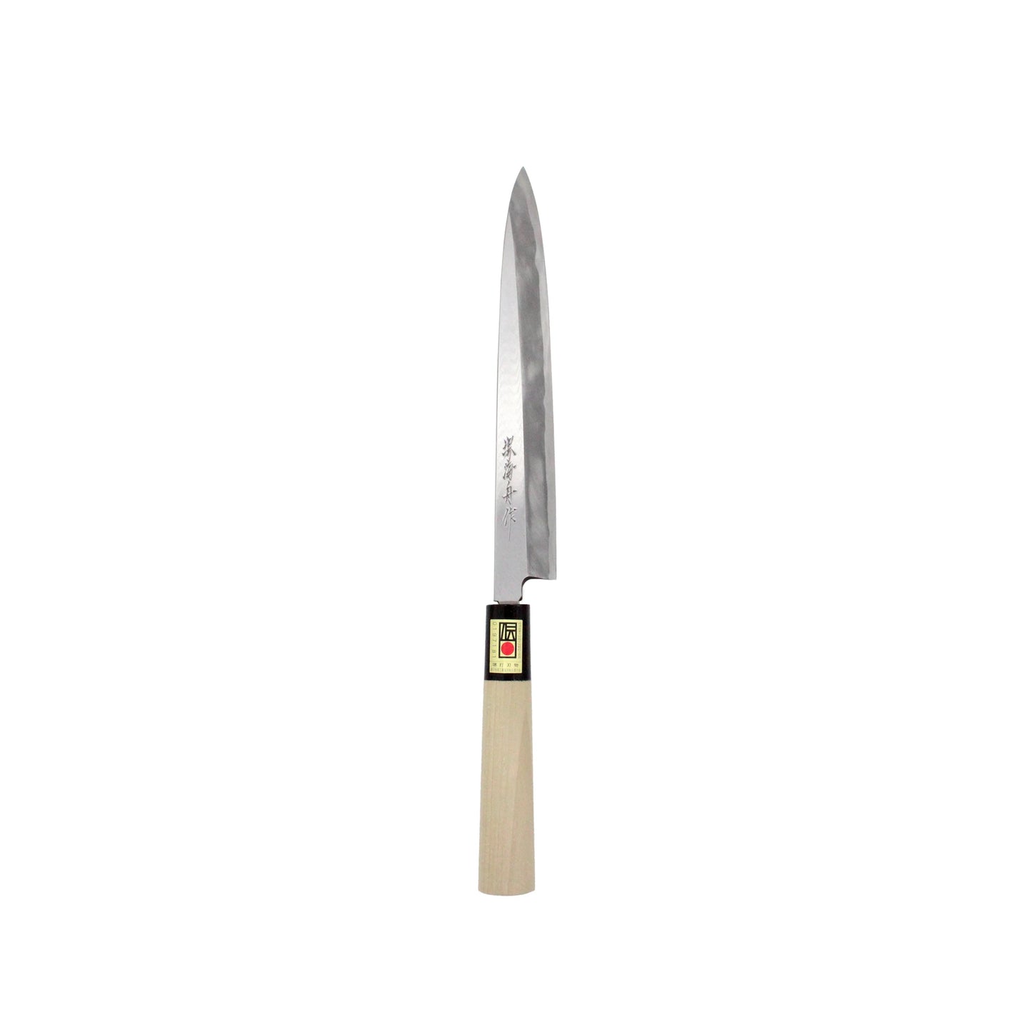 The Yanagiba Sashimi Knife Migaki Polished - 210mm features a long, narrow steel blade and a light wooden handle, perfect for precise sushi and sashimi preparation, shown on a white background.