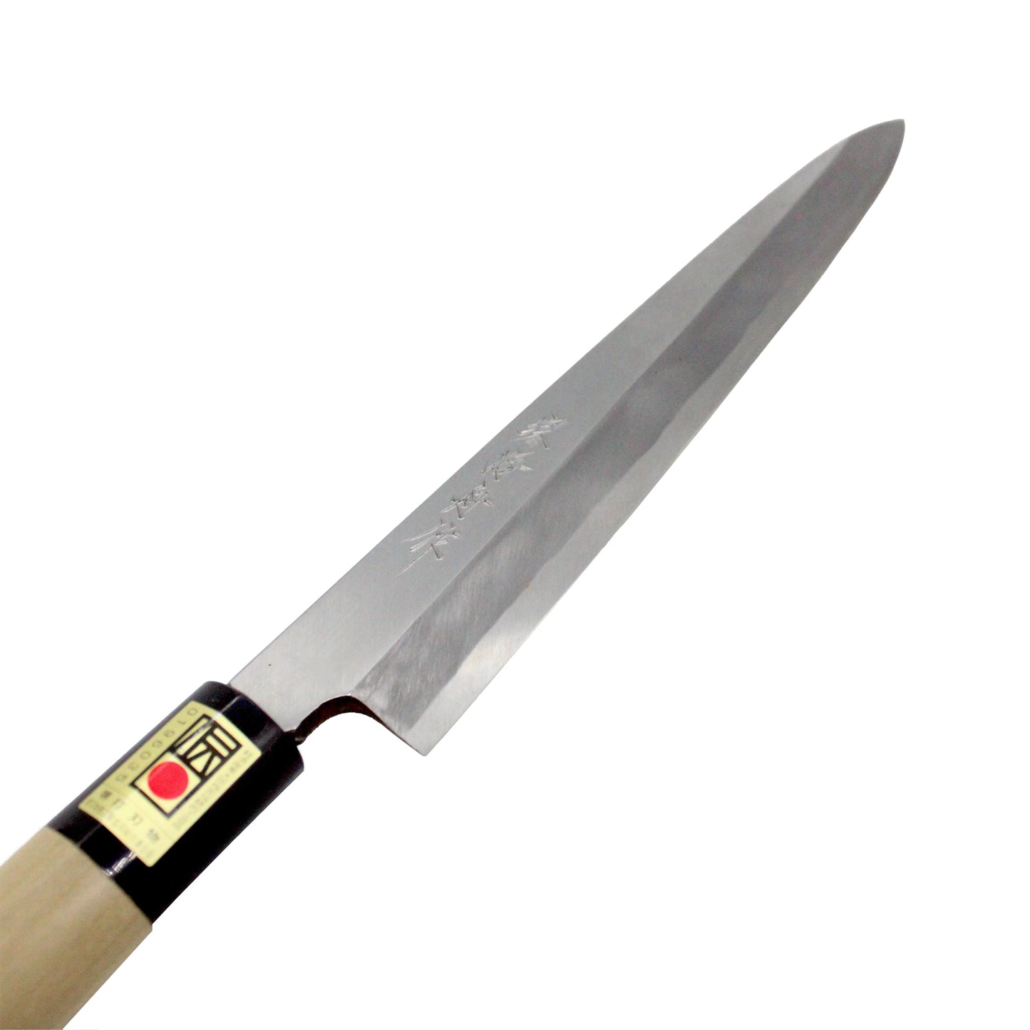The Yanagiba Sashimi Knife Migaki Polished - 270mm features a wooden handle and a long, narrow, single-edged polished steel blade with engraved characters—perfect for precise sushi preparation.
