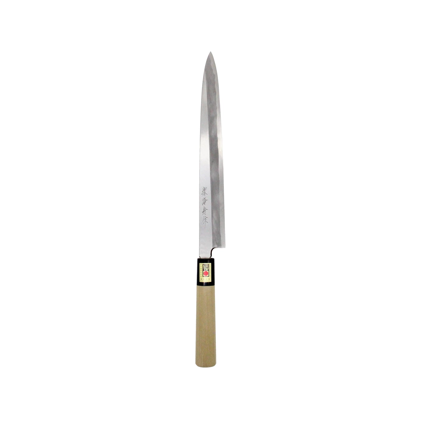 The Yanagiba Sashimi Knife Migaki Polished - 270mm features a sharp, pointed stainless steel blade with engraved Japanese characters and a wooden handle—ideal for precise sushi preparation.