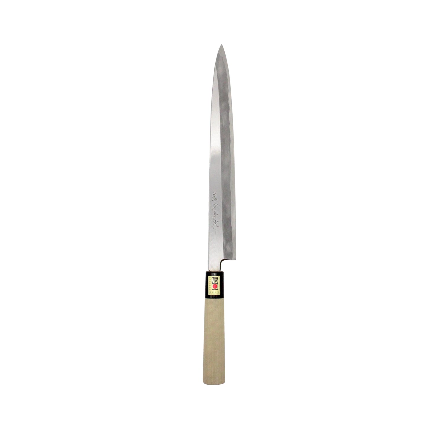 The Yanagiba Sashimi Knife Migaki Polished - 300mm features a pointed blade and light wooden handle, shown vertically on a white background—perfect for precise sushi preparation.
