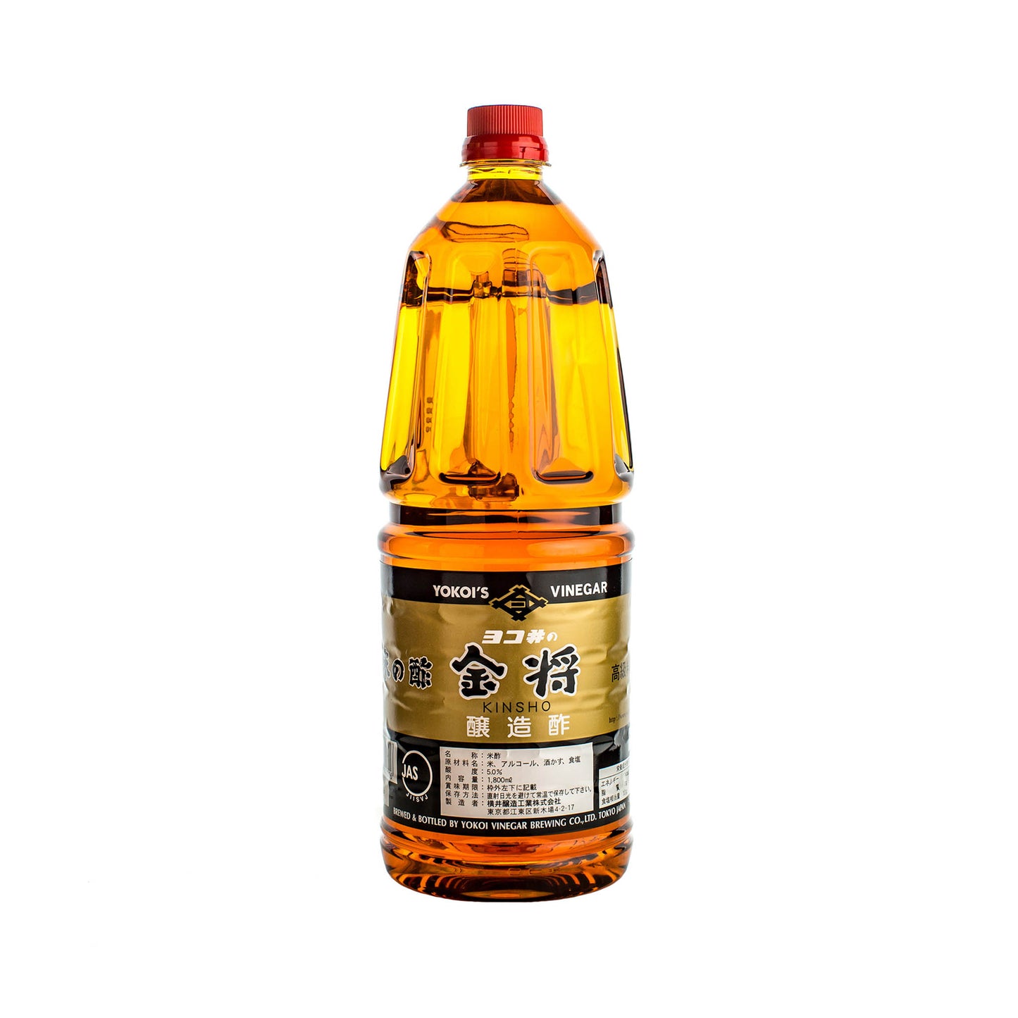A large 1.8L bottle of Akasu Kinsho Red Rice Vinegar with a gold label, red cap, and Japanese-English text—ideal for achieving authentic umami flavor coveted by master sushi chefs.